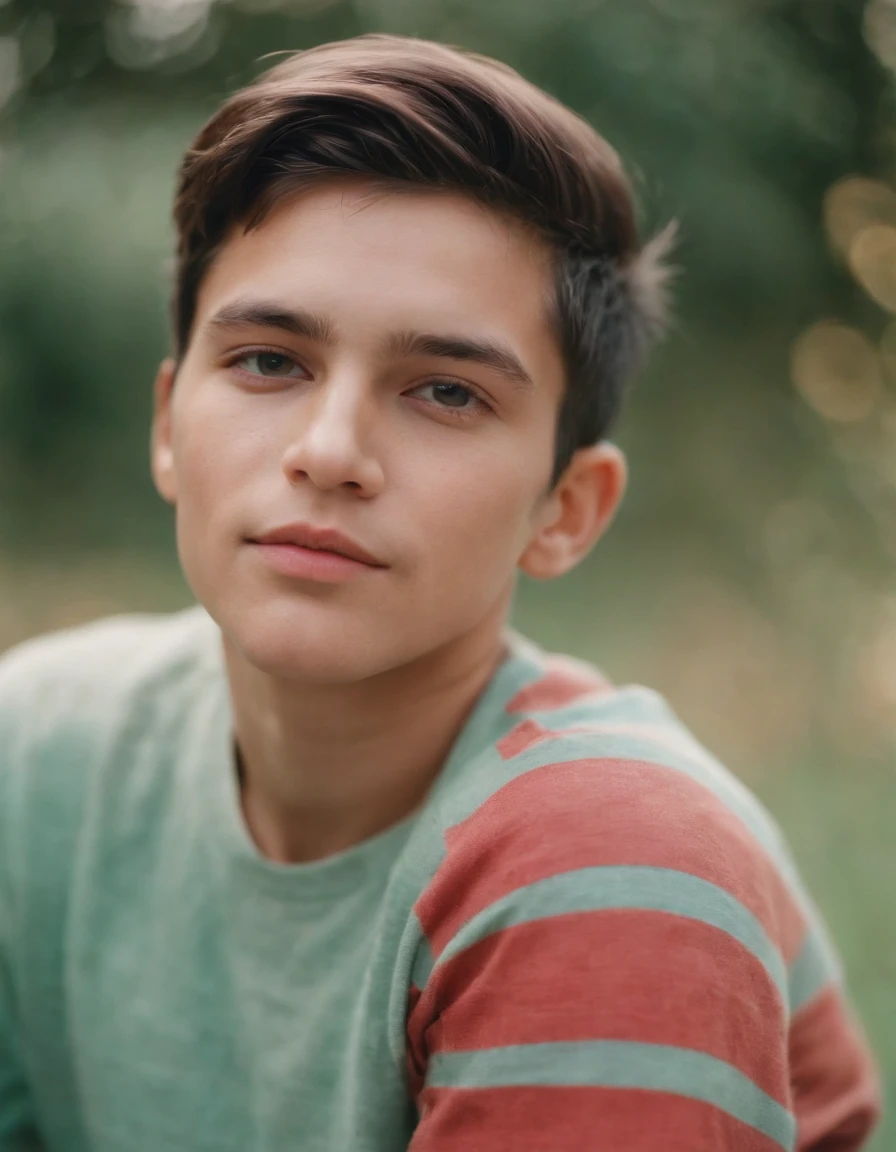 a photo of boy with colorful stripes, in the style of analogue filmmaking, negative colors, light emerald and light crimson, kodak vision3 50d, himalayan art, ethereal portraits, flickr, split toning  --ar 2:3 --v 5
