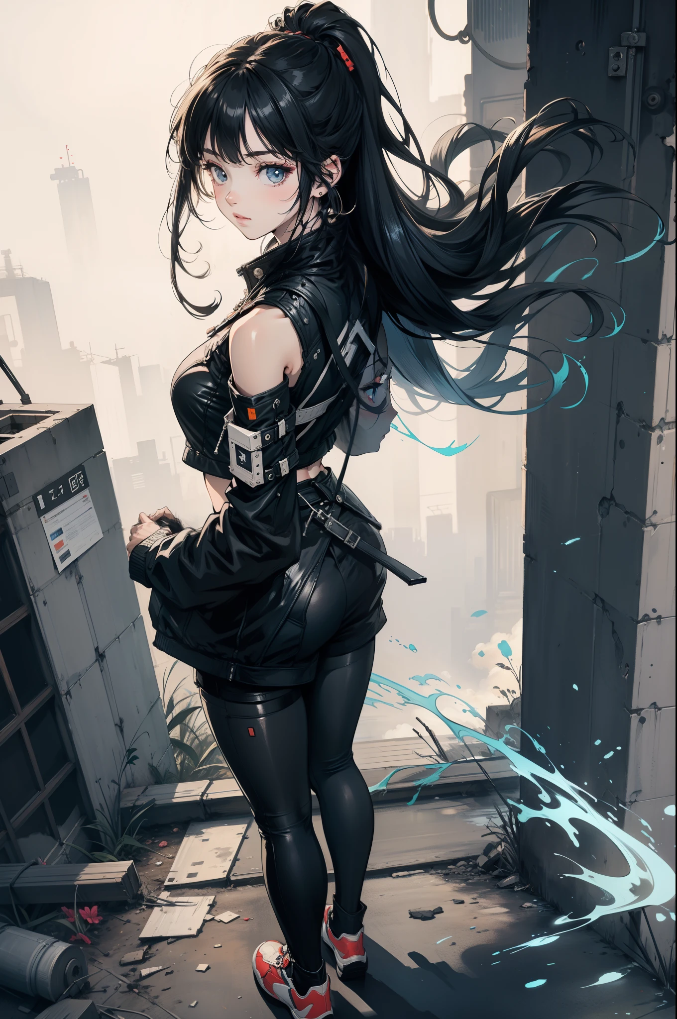 ((Best quality, 8K, masterpiece:1.5)), (anime style, ultra-detailed, vibrant colors:1.4),
1 anime girl, large expressive green eyes, long flowing dark hair tied in a ponytail,
slim waist, soft and kind facial expression,
camera angle from the side showing full body,
wearing ultra-short top and mini shorts,
confident stance, standing by a large window,
background: futuristic cityscape with towering skyscrapers, bright neon lights, advanced architecture,
bright natural lighting from the window, ultra-textured skin and hair,
highly detailed facial features, eyes reflecting light, soft shadows,
realistic hair strands, delicate highlights on the skin,
focus on the character with slightly blurred cityscape in the background