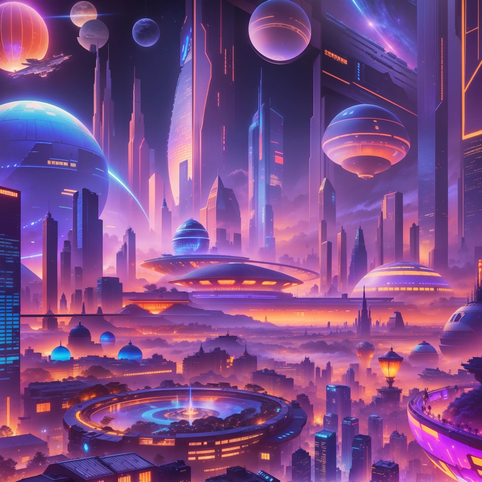 cyberpunked、、SFart by、epcot、top-quality、、masterpiece、epcot、Skyscrapers tower over、Rows of glass-walled skyscrapers、StarWars、Fantasia、Beautiful city、planet earth、Space City、8K