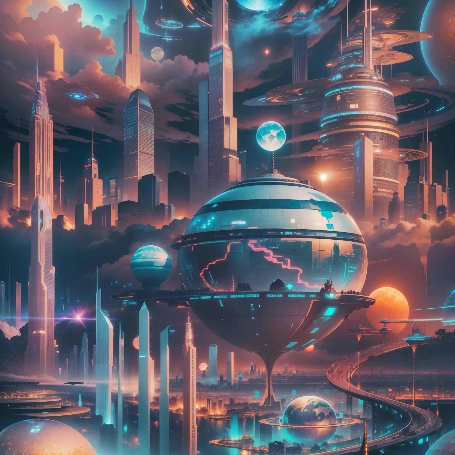 cyberpunked、、SFart by、epcot、top-quality、、masterpiece、epcot、Skyscrapers tower over、Rows of glass-walled skyscrapers、StarWars、Fantasia、Beautiful city、planet earth、Space City、8K