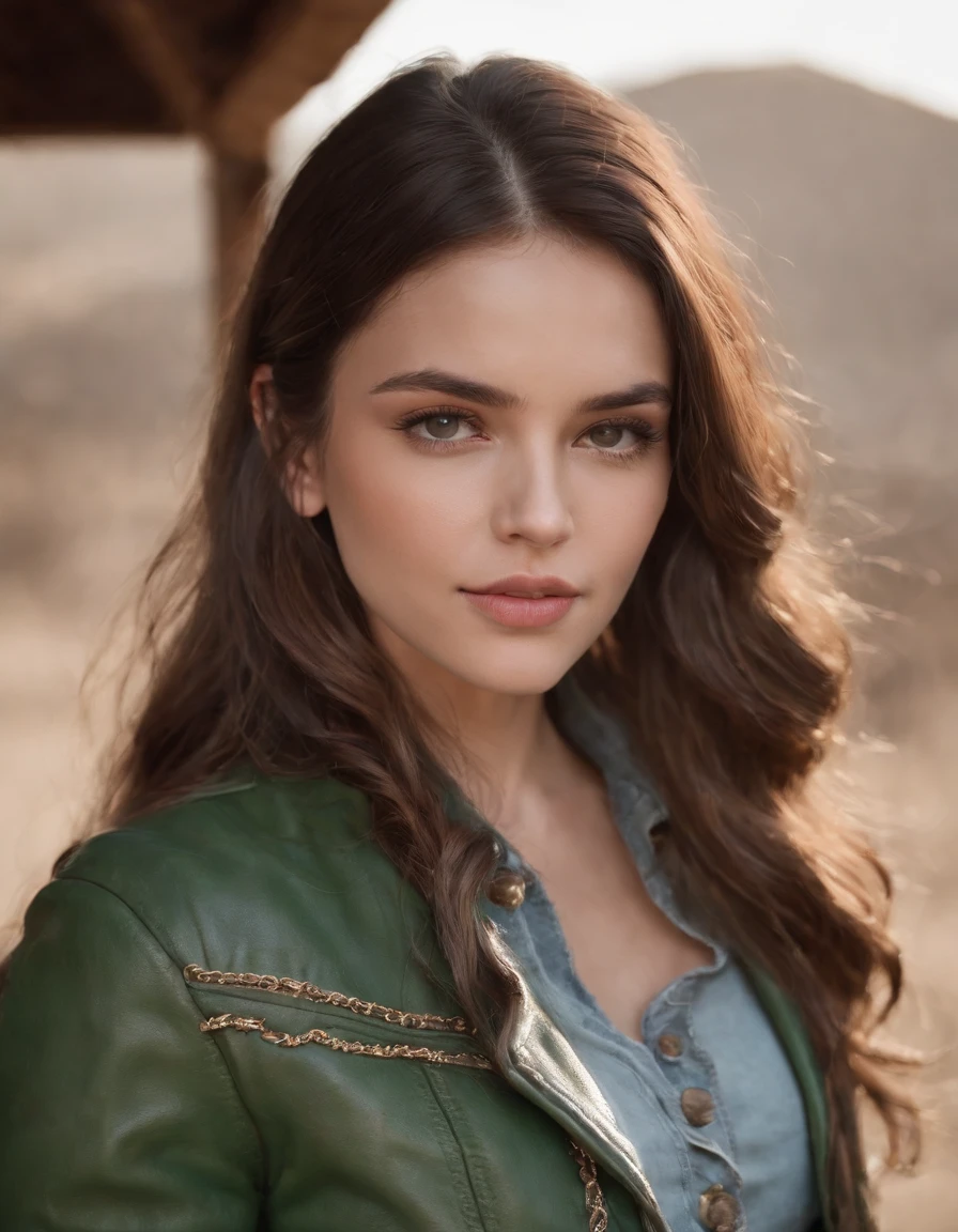 4k hltra hd, mastermiece, best quality, a girl, good face, detailed eyes, detailed lips, long hair, strait hair, wearing cowboy outfit, bare stomach, green leather jacket, cowboy hat, blurred background, morning, whole body capture,