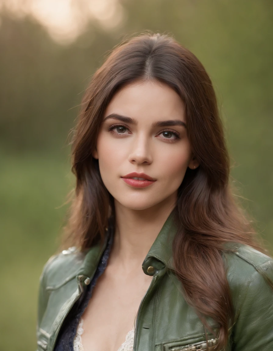 4k hltra hd, mastermiece, best quality, a girl, good face, detailed eyes, detailed lips, long hair, strait hair, wearing cowboy outfit, bare stomach, green leather jacket, cowboy hat, blurred background, morning, whole body capture,