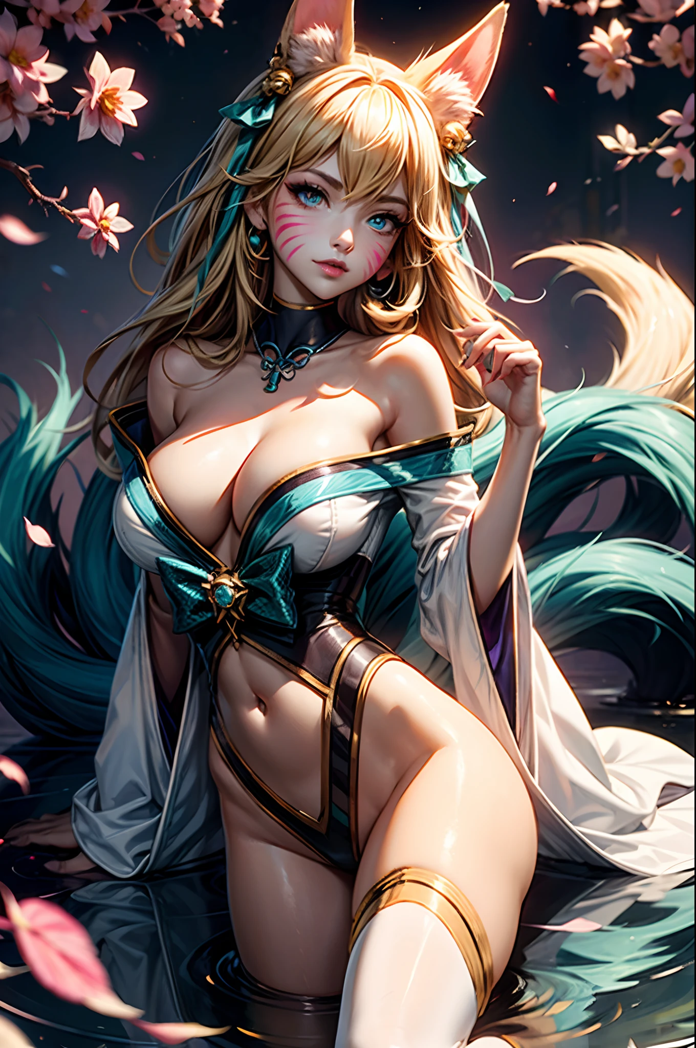 k/da_ahri, 1girl, ahri (league of legends), breasts, animal ears, blonde hair, solo, fox ears, k/da (league of legends), long hair, cleavage, tail, whisker markings, looking at viewer, facial mark, choker, large breasts, bare shoulders, fox tail, jewelry, yellow eyes, upper body, multiple tails, bangs, shiny, collarbone, covered navel, earrings