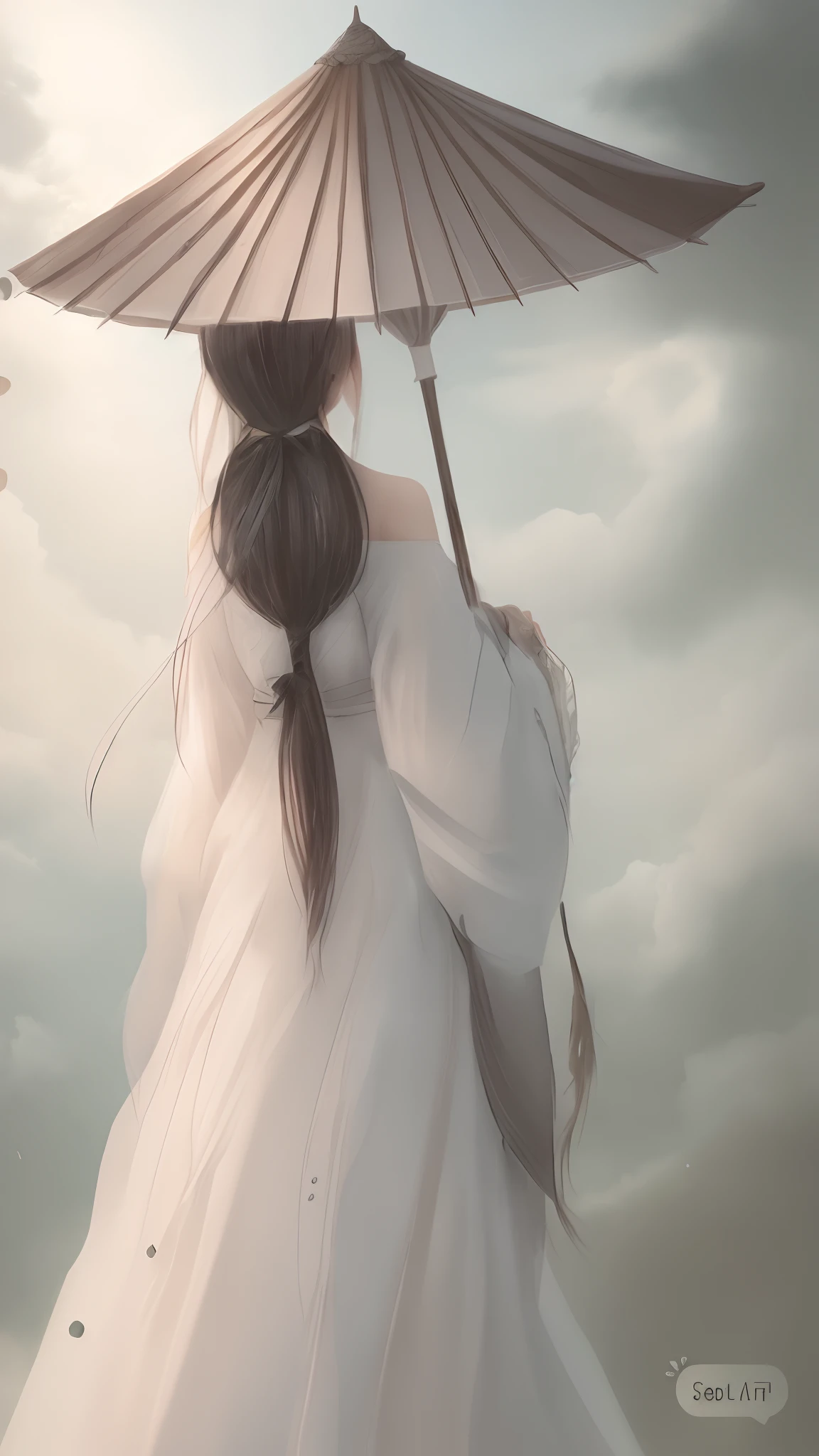 Masterpiece, Top quality, Best quality, offcial art, Beautiful and aesthetic,A detailed,8K, Fairy air fluttering,1girll, long whitr hair, shift dresses,on back,Hit the white umbrella,