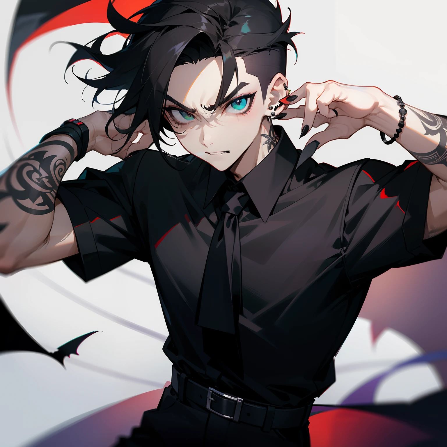 Man in shirt and tie, Male Focus, a belt, Black shirt, The tattoo, Short sleeves , Short hair, Black Short Sleeve Polo Shirt, Green tie, Black pants, punk, Raised eyebrows, Floppy bangs, Spiky back hair, Undercut , Simple black earrings, devil, Bat, Angry face, Black nails, Tattoos all over the arm, big eye, Black Eye Makeup, Wearing hair on the ears, Forehead, ssmile, wrist watch, Black Bangle, Square Thailand、highlights in hair、Mesh on hair、Black makeup under the eyes、sexypose