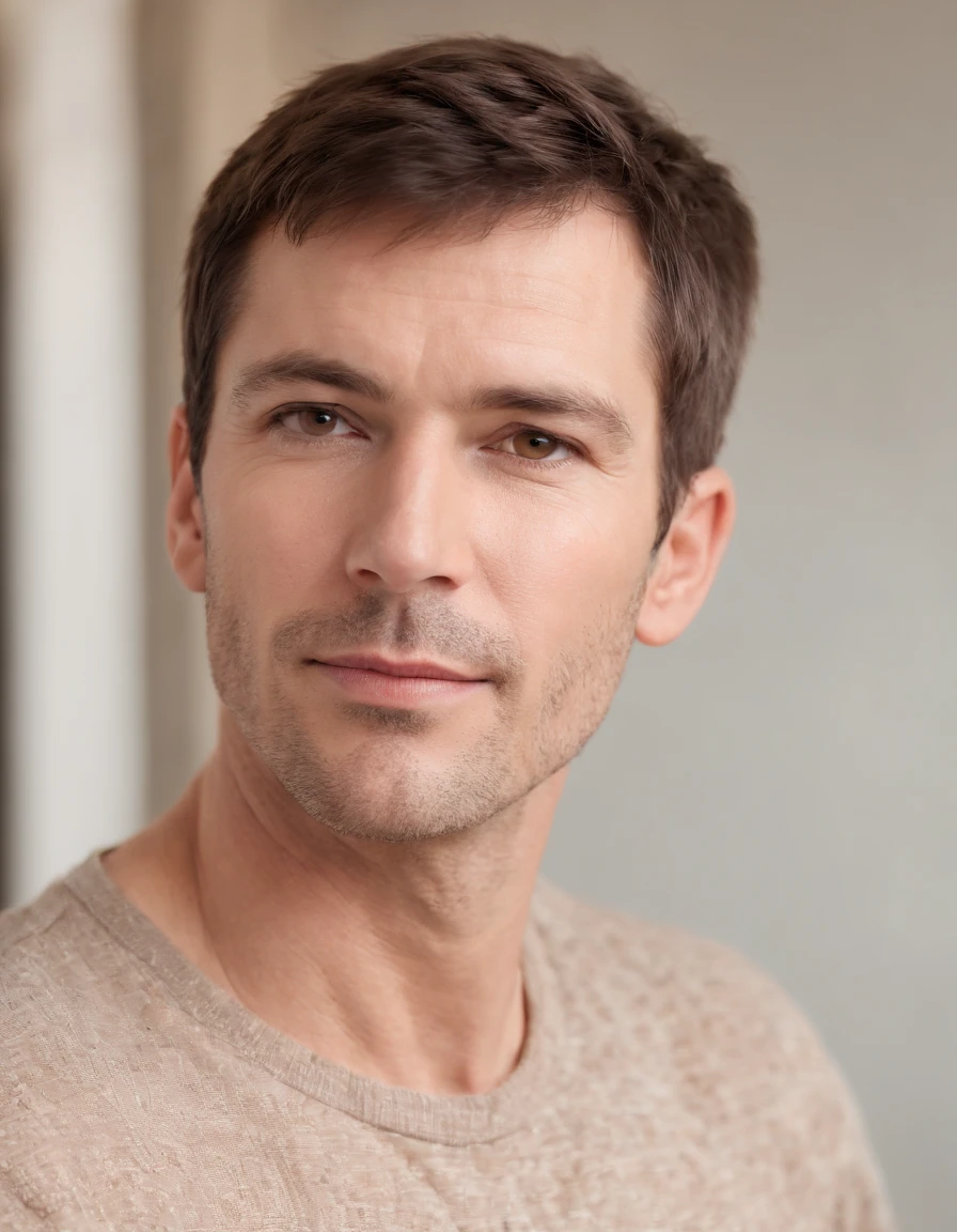 a hadsom man Tall and fit , (40 years old:1.3), (shaven:1.2), (short brown hair:1.5),(very short hair:1.6). wearing light fit shirt , natural sunlight, close-up, light colors, bokeh style, super fine detail style, high quality photo, (in bedroom:1.3)