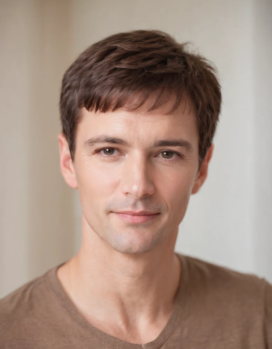 a hadsom man Tall and fit , (40 years old:1.3), (shaven:1.2), (short brown hair:1.5),(very short hair:1.6). wearing light fit shirt , natural sunlight, close-up, light colors, bokeh style, super fine detail style, high quality photo, (in bedroom:1.3)