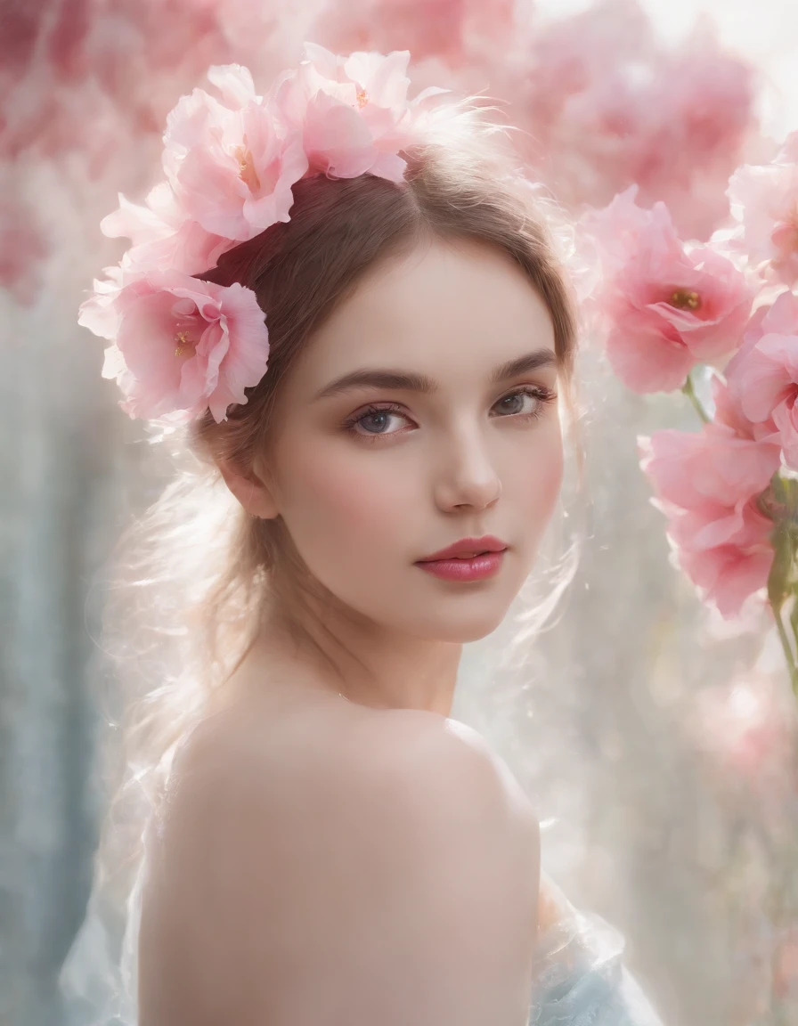 1girl,flower, Lisianthus ,in the style of light pink and light azure, dreamy and romantic compositions, pale pink, ethereal foliage, playful arrangements,fantasy, high contrast, ink strokes, explosions, over exposure, purple and red tone impression , abstract, ((watercolor painting by John Berkey and Jeremy Mann )) brush strokes, negative space,