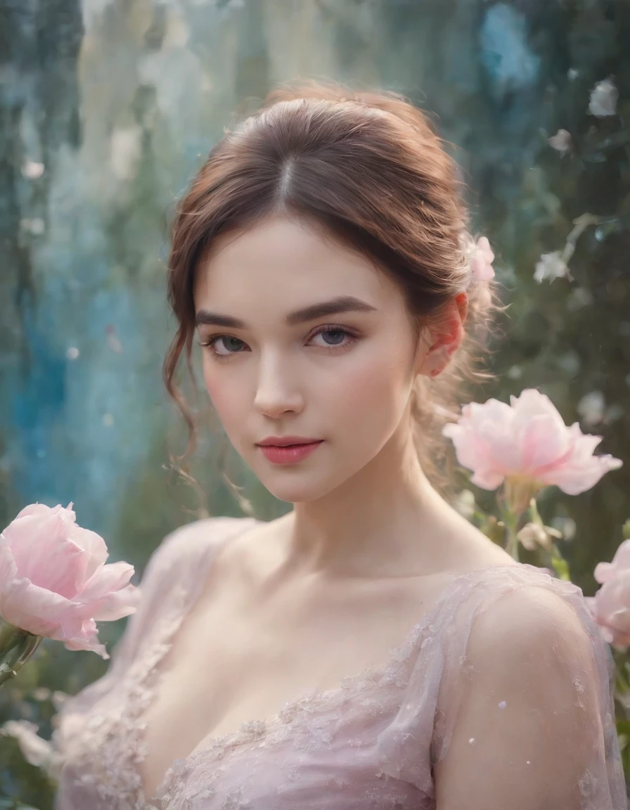 1girl,flower, Lisianthus ,in the style of light pink and light azure, dreamy and romantic compositions, pale pink, ethereal foliage, playful arrangements,fantasy, high contrast, ink strokes, explosions, over exposure, purple and red tone impression , abstract, ((watercolor painting by John Berkey and Jeremy Mann )) brush strokes, negative space,