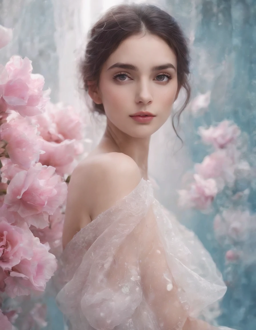 1girl,flower, Lisianthus ,in the style of light pink and light azure, dreamy and romantic compositions, pale pink, ethereal foliage, playful arrangements,fantasy, high contrast, ink strokes, explosions, over exposure, purple and red tone impression , abstract, ((watercolor painting by John Berkey and Jeremy Mann )) brush strokes, negative space,
