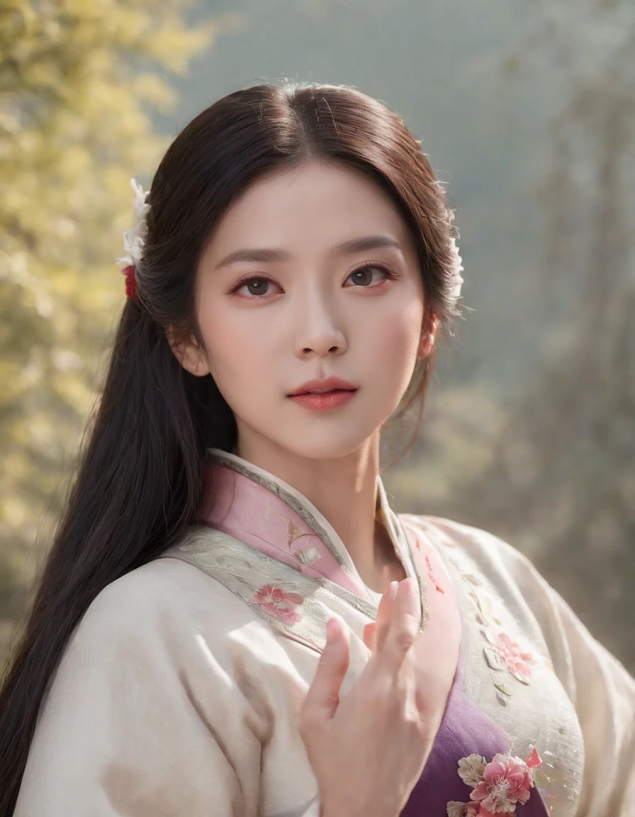 masterpiece, black_hair, 1 girl, looking at the audience, long_hair, nail_polish, solo, ancient art, Chinese,(8k, best quality, masterpiece:1.2), (realistic, realistic:1.2), (background sky: 1.2), (face close-up: 1.7), looking at the audience, hanfu, 1girl, (purple flower pine ink: 1.1), face close-up, detailed face, hanfu, song, long shan, pleated skirt，cinematic lighting, motion blur, ray tracing, god rays, bloom, drop shadow, close-up, lens flare, UHD, masterpiece, ccurate, anatomically correct, textured skin, super detail, high details, high quality, award winning, best quality, highres, 16k, HD, face close-up, close-up, close-up, accurate, correct hand, (anatomically correct: 1.5),