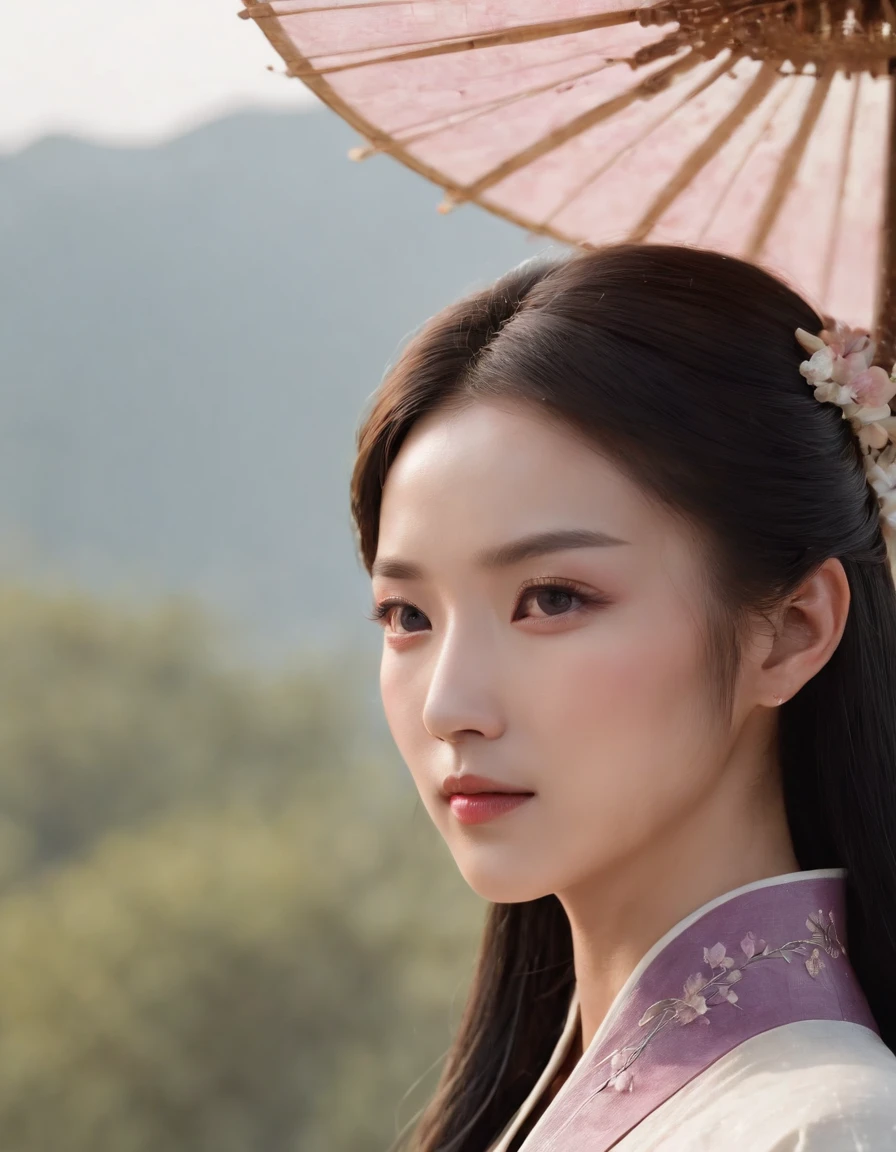 masterpiece, black_hair, 1 girl, looking at the audience, long_hair, nail_polish, solo, ancient art, Chinese,(8k, best quality, masterpiece:1.2), (realistic, realistic:1.2), (background sky: 1.2), (face close-up: 1.7), looking at the audience, hanfu, 1girl, (purple flower pine ink: 1.1), face close-up, detailed face, hanfu, song, long shan, pleated skirt，cinematic lighting, motion blur, ray tracing, god rays, bloom, drop shadow, close-up, lens flare, UHD, masterpiece, ccurate, anatomically correct, textured skin, super detail, high details, high quality, award winning, best quality, highres, 16k, HD, face close-up, close-up, close-up, accurate, correct hand, (anatomically correct: 1.5),