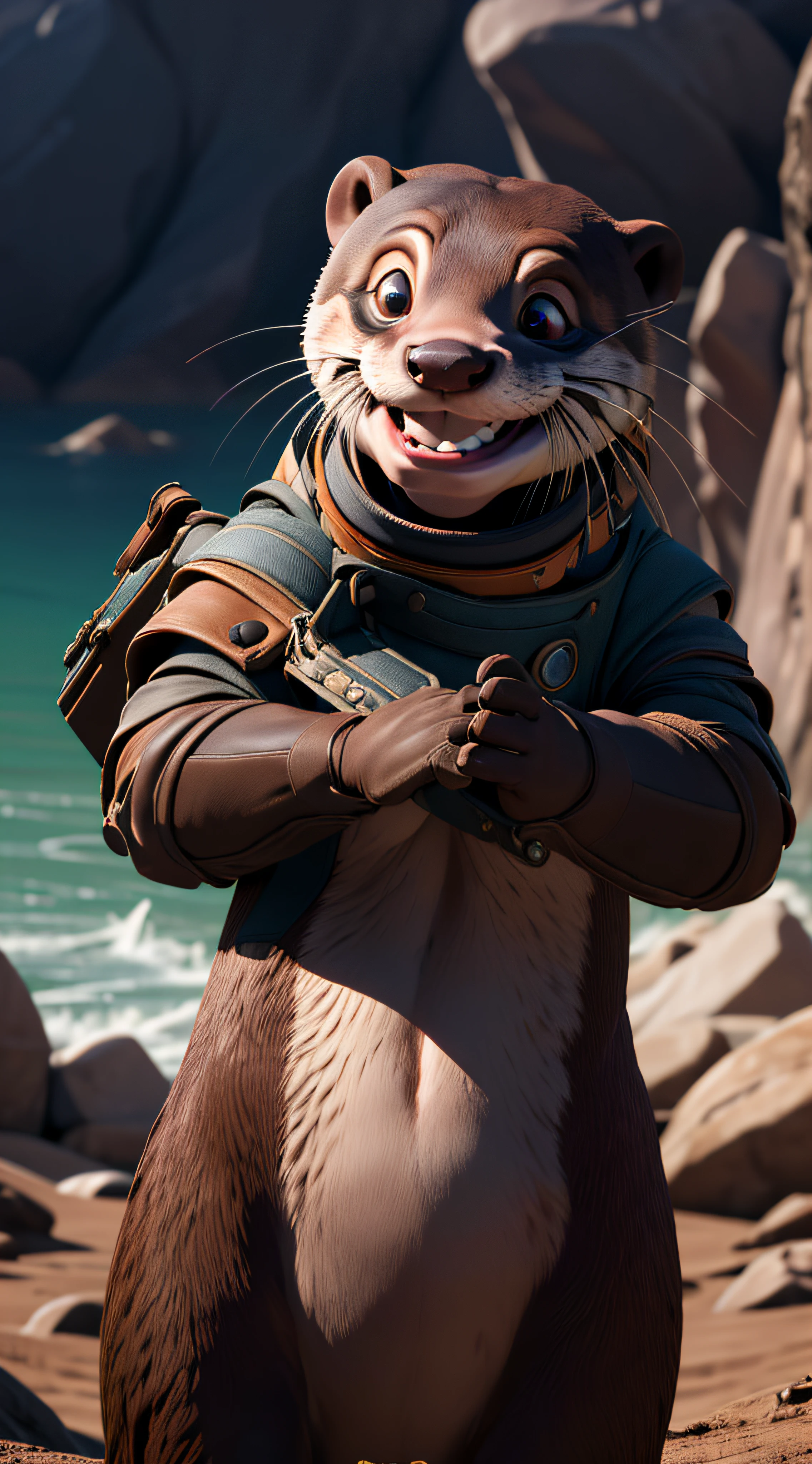 ((8k masterpiece ,best quality:1.2)), absurdres, female otter, solo, smiling, looking at viewer, cowboy shot, cinematic composition, dynamic pose, quixel megascan, volumetric lighting, subsurface scattering