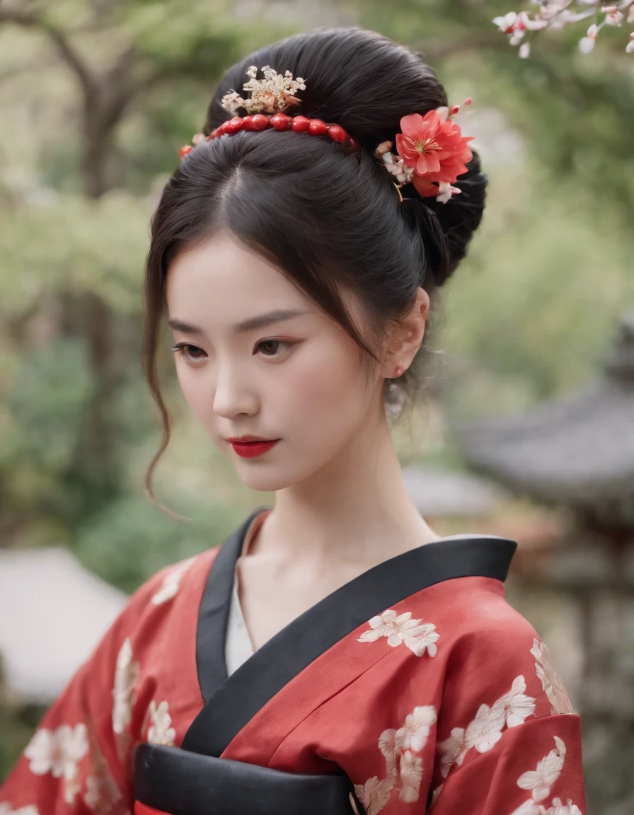 Highest image quality，Outstanding details，超高分辨率，（fidelity：1.4），The best illustration，Favor the details，Highly cohesive 1girl，He has a delicate and beautiful face，Dressed in a black and red classical kimono，Wear elegant tiara，Standing in a Japanese-style garden，The background is a classical Japanese garden scene。