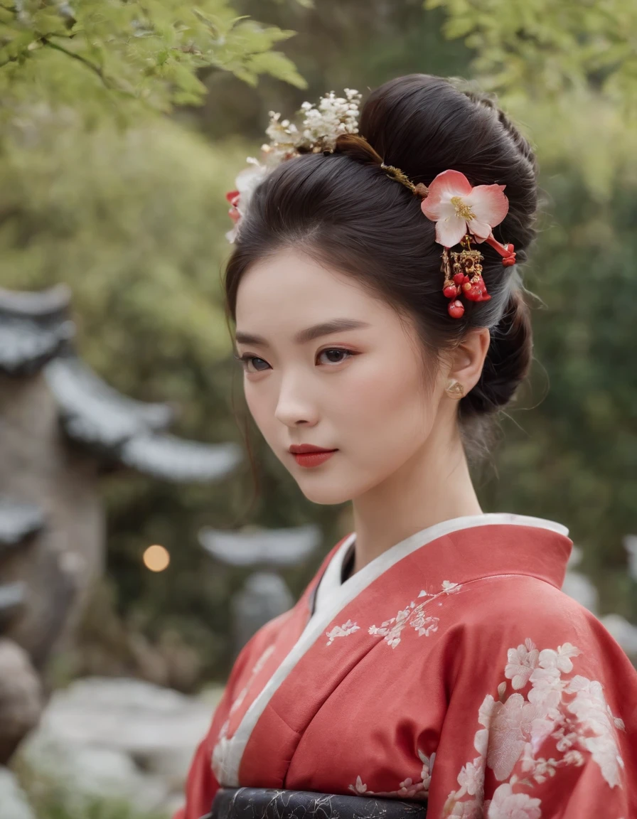 Highest image quality,Outstanding details,超高分辨率,(fidelity:1.4),The best illustration,Favor the details,Highly cohesive 1girl,He has a delicate and beautiful face,Dressed in a black and red classical kimono,Wear elegant tiara,Standing in a Japanese-style garden,The background is a classical Japanese garden scene。