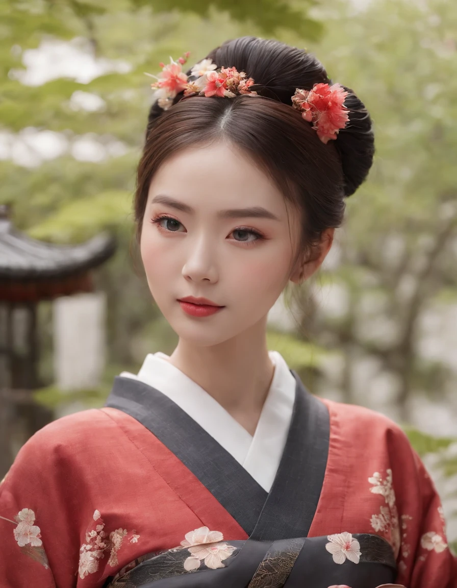 Highest image quality,Outstanding details,超高分辨率,(fidelity:1.4),The best illustration,Favor the details,Highly cohesive 1girl,He has a delicate and beautiful face,Dressed in a black and red classical kimono,Wear elegant tiara,Standing in a Japanese-style garden,The background is a classical Japanese garden scene。