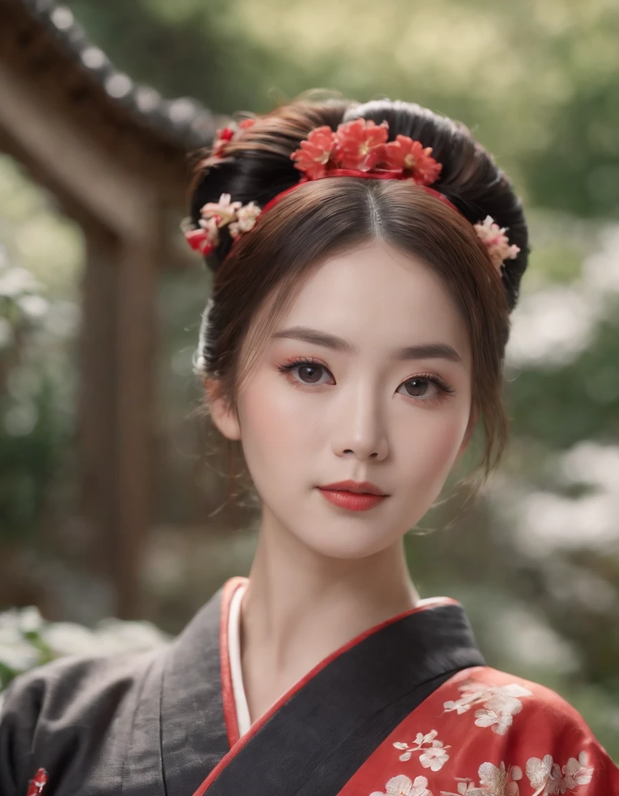 Highest image quality,Outstanding details,超高分辨率,(fidelity:1.4),The best illustration,Favor the details,Highly cohesive 1girl,He has a delicate and beautiful face,Dressed in a black and red classical kimono,Wear elegant tiara,Standing in a Japanese-style garden,The background is a classical Japanese garden scene。
