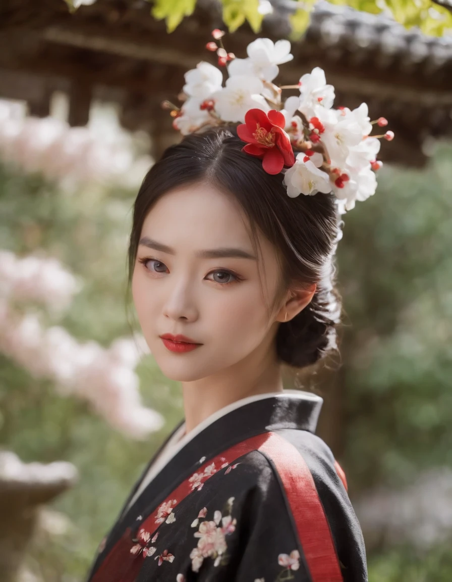Highest image quality，Outstanding details，超高分辨率，（fidelity：1.4），The best illustration，Favor the details，Highly cohesive 1girl，He has a delicate and beautiful face，Dressed in a black and red classical kimono，Wear elegant tiara，Standing in a Japanese-style garden，The background is a classical Japanese garden scene。