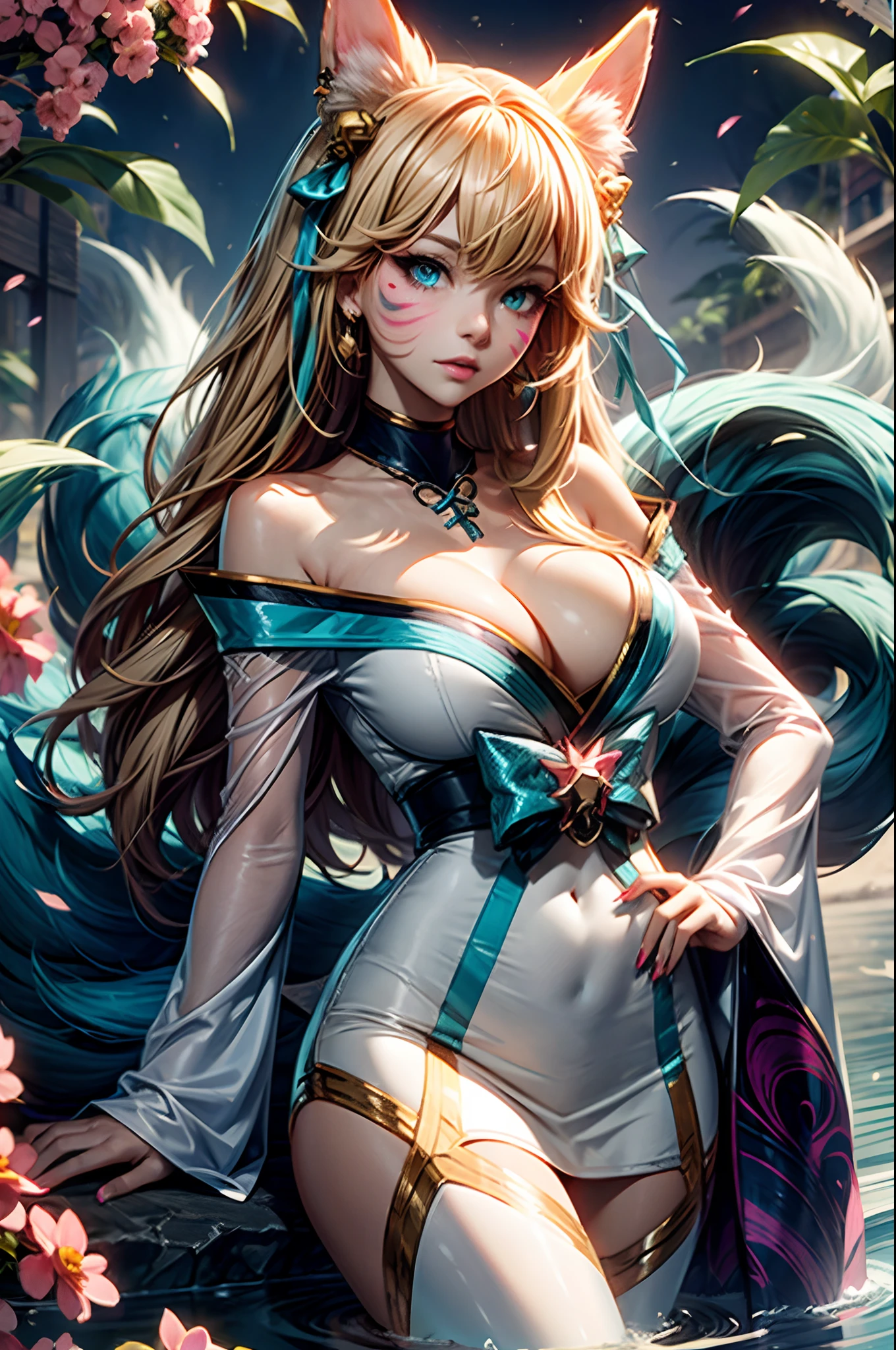 k/da_ahri, 1girl, ahri (league of legends), breasts, animal ears, blonde hair, solo, fox ears, k/da (league of legends), long hair, cleavage, tail, whisker markings, looking at viewer, facial mark, choker, large breasts, bare shoulders, fox tail, jewelry, yellow eyes, upper body, multiple tails, bangs, shiny, collarbone, covered navel, earrings