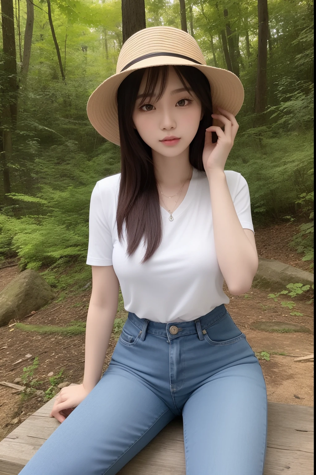 Asian woman sitting in the middle of the woods,Wearing a hat and blue skinny jeans, Open V chest clothes, Gorgeous young Korean woman, Beautiful Asian girl, Sexy girl, beautiful Korean women, young and cute girl, Korean girl, Good young girl, Beautiful young Korean woman, Asian girl, smooth white tight clothes suit, 2 4 old female model, Attractive girl