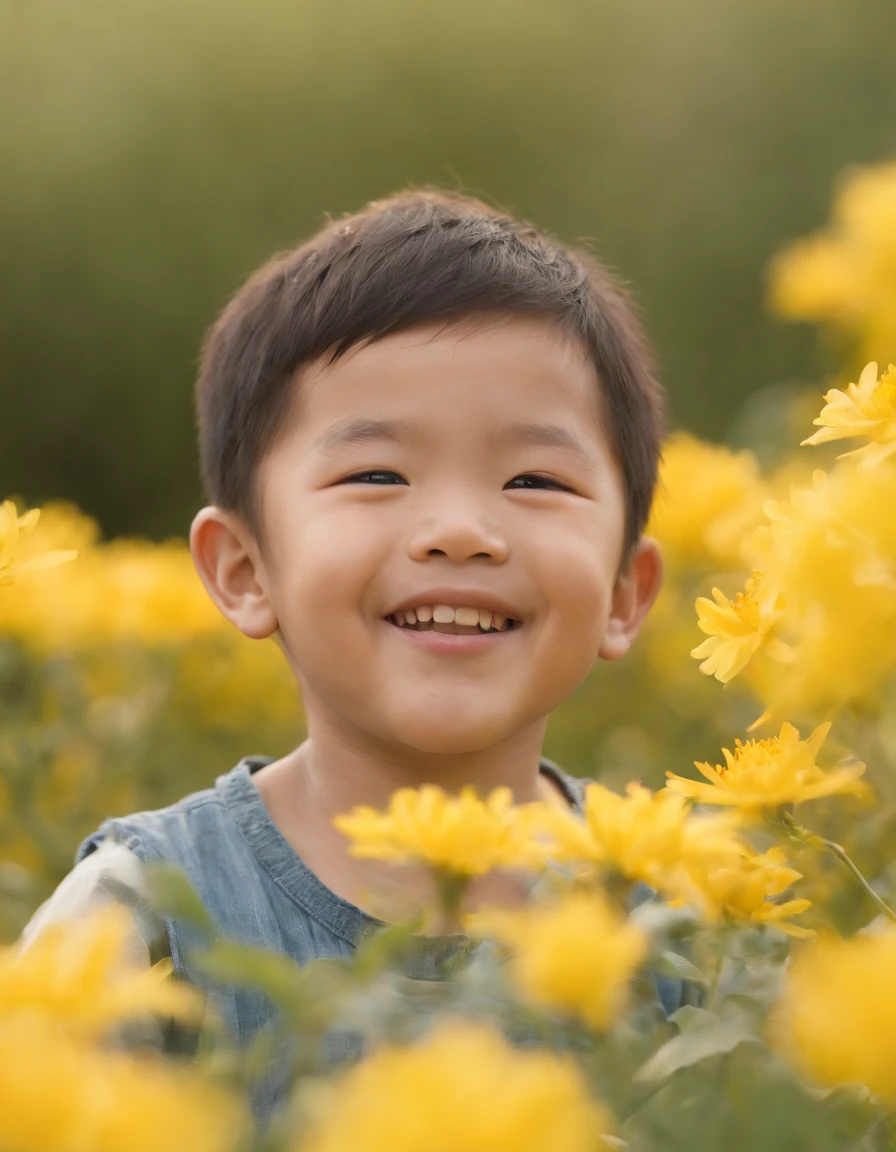 A hyperealistic photograph a little asian boy is laughing among the yellow flowers, in the style of zhichao cai, organic, hannah flowers, miwa komatsu, green, celebration of rural life, wimmelbilder  --ar 3:2 --s 750 --v 5 --no watermark::