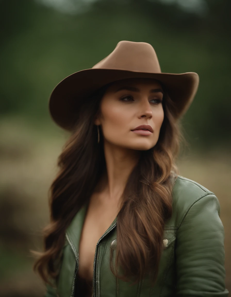 4k hltra hd, mastermiece, best quality, a girl, good face, detailed eyes, detailed lips, long hair, strait hair, wearing cowboy outfit, bare stomach, green leather jacket, cowboy hat, blurred background, morning, whole body capture,