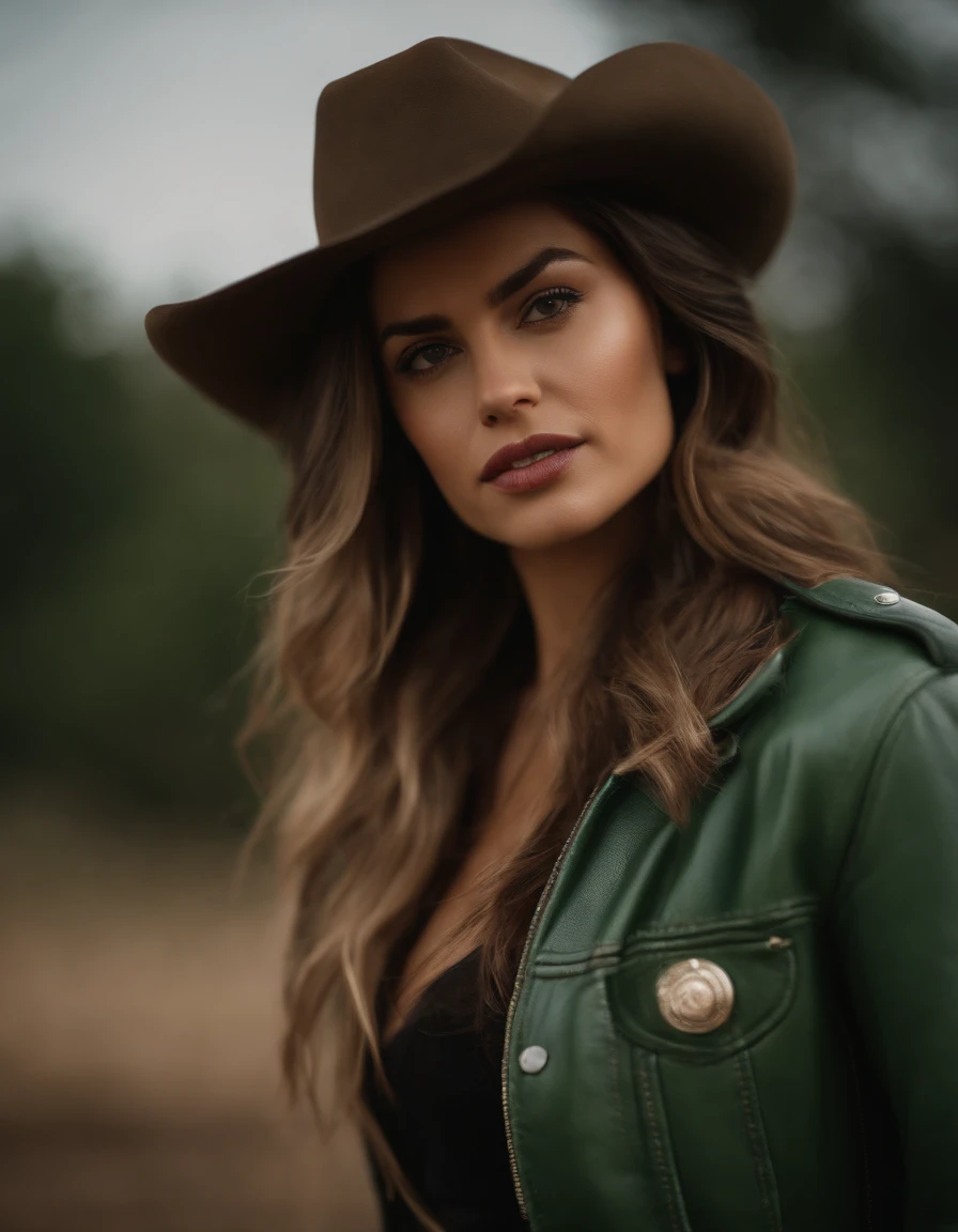 4k hltra hd, mastermiece, best quality, a girl, good face, detailed eyes, detailed lips, long hair, strait hair, wearing cowboy outfit, bare stomach, green leather jacket, cowboy hat, blurred background, morning, whole body capture,