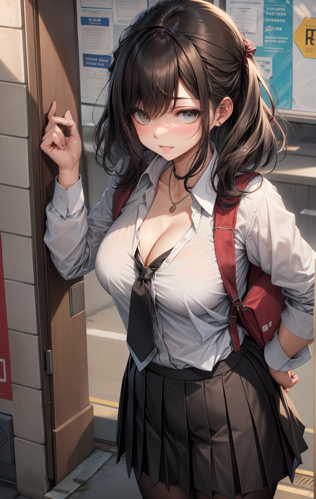 black necktie, Long sleeves, Pleated skirt, School uniform, Shirt, Skirt, sleeves rolled up, White shirt, cleavage,