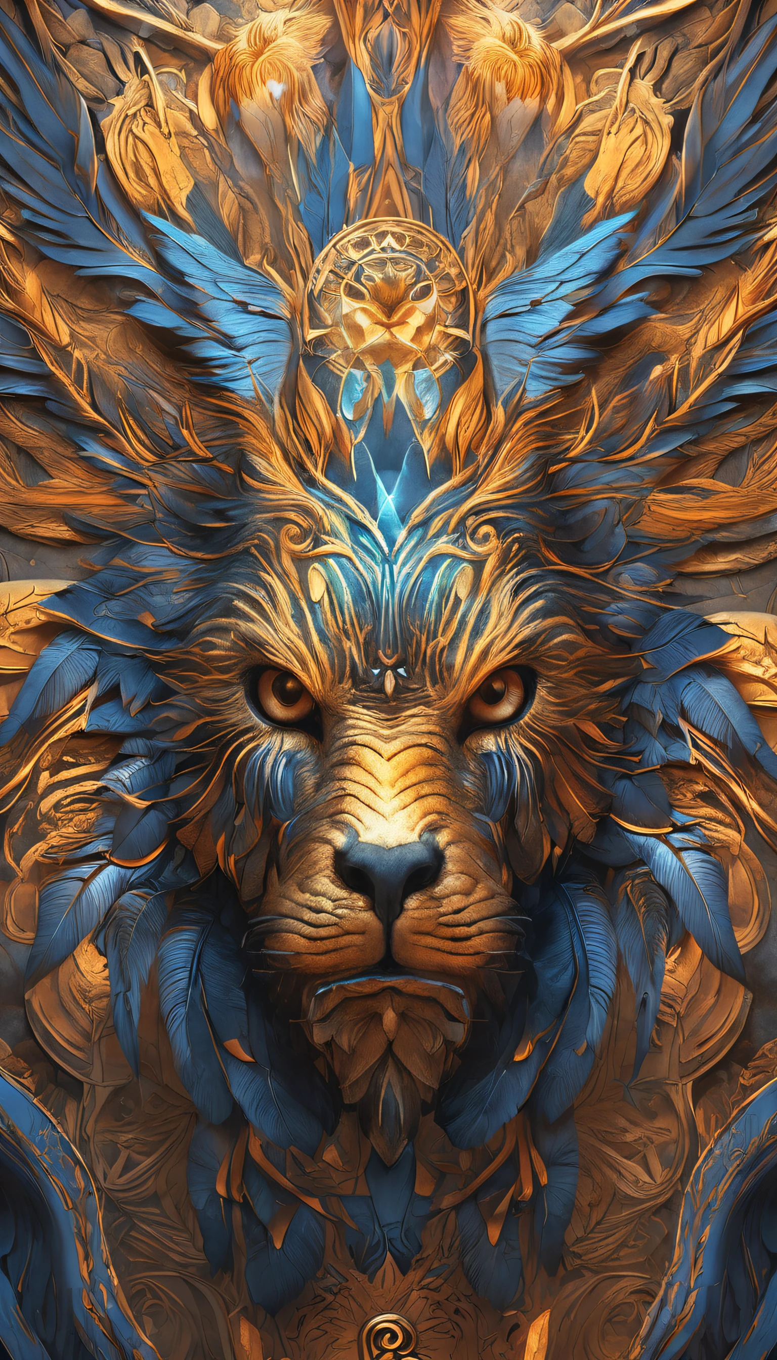 (masterpiece), best quality, ultra-detailed, realistic portrait, Ziz from Jewish Mythology, mythical creature, majestic feathers, powerful presence, vibrant colors, divine light illuminating the scene, intricate details in the wings and beak, ethereal atmosphere, atmosphere of ancient legends, breathtaking artwork