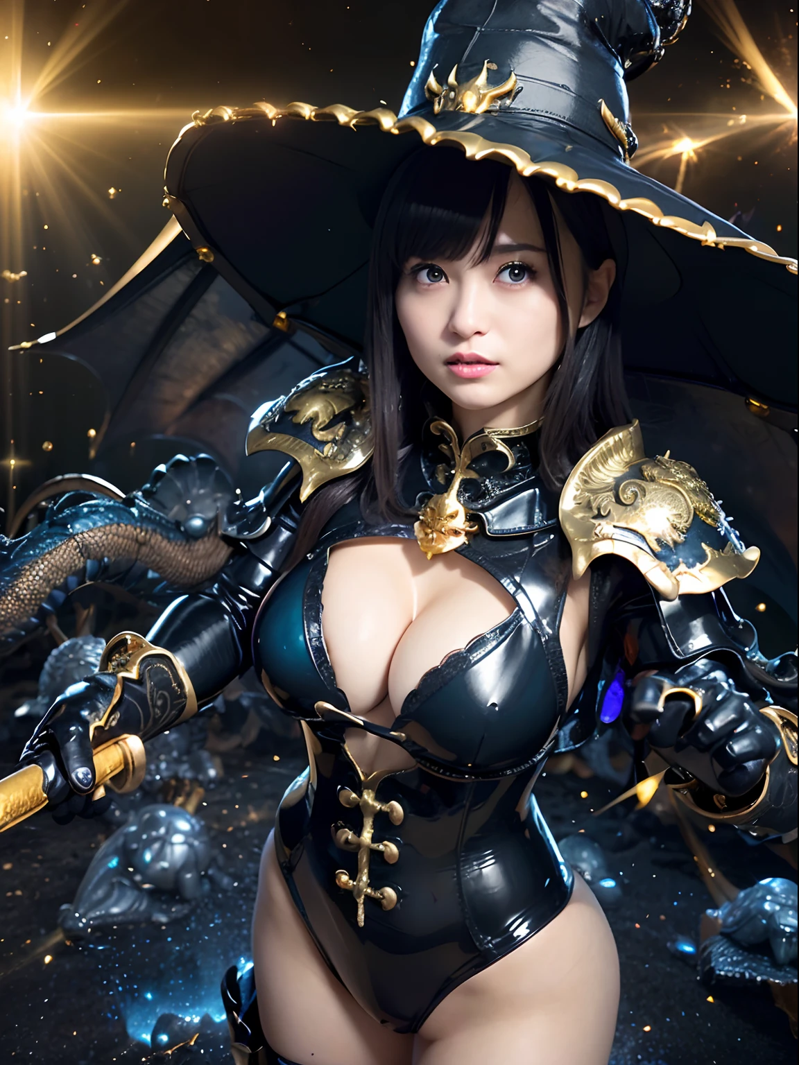 ((World of Darkness)),Professional , masterpiece、top-quality、photos realistic , depth of fields 、(((With a magic wand of gems))),(Dragon Black Metal Body:1.9),(latex black-blue、(cleavage of the breast)、(intense fighting),Dragon Gold Weapon、(((Particles of light))),(Micro Bikini Armor:1.7),Gorgeous gold weapons ,(Fight dragons)、Seductive look、,Blood on the face,Blood Rain,Blood fog、(blood splattere、((((With a shining magic wand))), ) , (((Wearing a black latex wizard hat))),(demonic wings) ,((a blond))、(Castle background)、((Gangle's forest background))、Beautiful Caucasian beauty、1a person、dynamic ungle,(((Detailed and ornate dragon wizard hat)))、Smaller head、A smile、Castle background、Thin and beautiful female hands、cleavage of the breast、Soldier in iron armor on background、Mystical expression、Light Effects、intense fighting、Wind-effect、magic circles、With the legendary magic wand、Dragon's tail、explosions、Toostock、Toostock、(a beauty girl),
