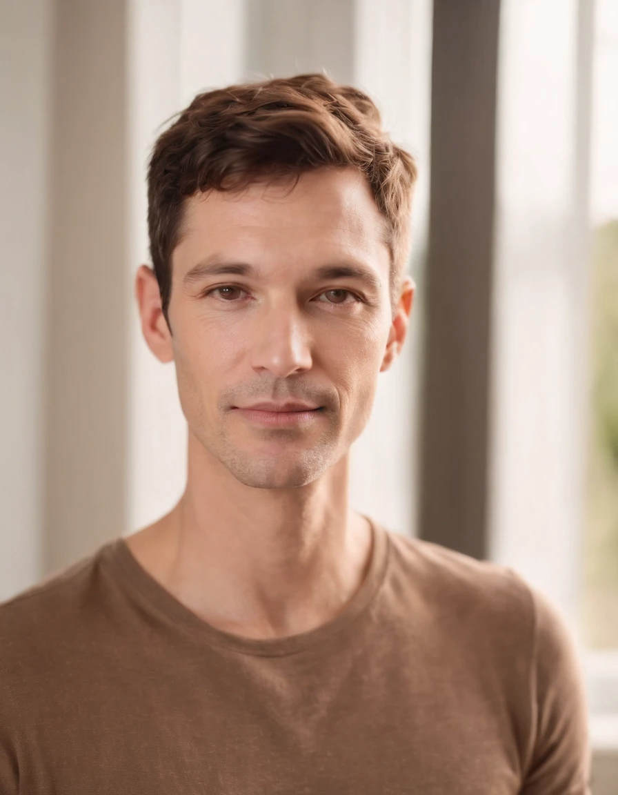 a hadsom man Tall and fit , (40 years old:1.3), (shaven:1.2), (short brown wavy hair:1.5),(very short hair:1.6). wearing light fit shirt , natural sunlight, light colors, bokeh style, super fine detail style, high quality photo, (in bedroom:1.3)