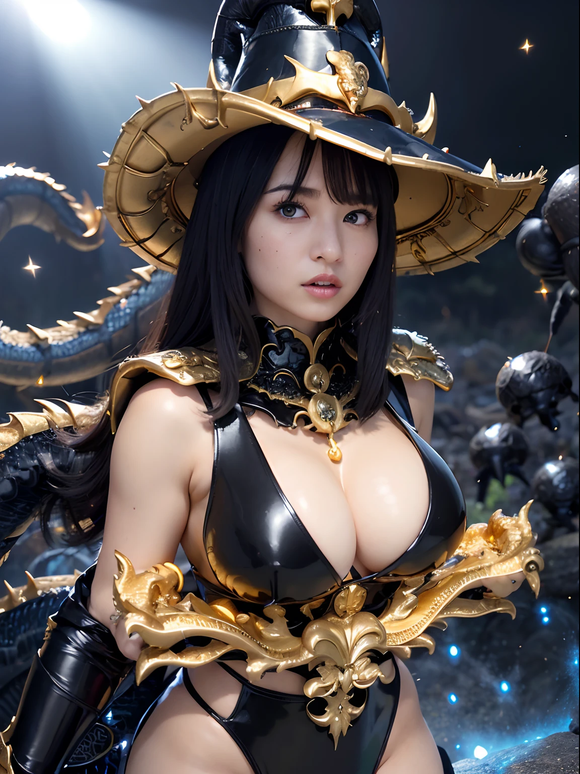 ((World of Darkness)),Professional , ​masterpiece、top-quality、photos realistic , depth of fields 、(((With a magic wand of gems))),（Dragon Black Metal Body:1.9),(latex black-blue、（cleavage of the breast）、(intense fighting),Dragon Gold Weapon、(((Particles of light))),（Micro Bikini Armor:1.7),Gorgeous gold weapons ,（Fight dragons）、Seductive look、,Blood on the face,Blood Rain,Blood fog、（blood splattere、（(((With a shining magic wand))), ） , (((Wearing a black latex wizard hat))),（demonic wings）   ,（（a blond））、（Castle background）、（（Gangle's forest background））、Beautiful Caucasian beauty、１a person、dynamic ungle,(((Detailed and ornate dragon wizard hat)))、Smaller head、A smile、Castle background、Thin and beautiful female hands、cleavage of the breast、Soldier in iron armor on background、Mystical expression、Light Effects、intense fighting、Wind-effect、magic circles、With the legendary magic wand、Dragon's tail、explosions、Toostock、Toostock、(a beauty girl),