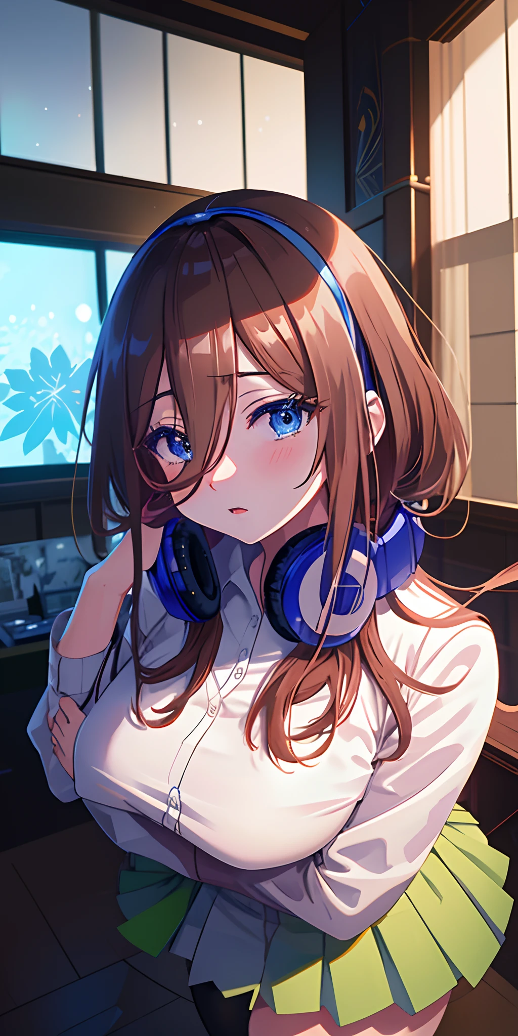 masutepiece, Best Quality, (Very detailed CG Unity 8K wallpaper) (Best Quality), (Best Illustration), (Best Shadows), Miku Nakano, Miku, Brown hair, Blue eyes, headphones, uniform, Indoors, Beautiful detailed eyes