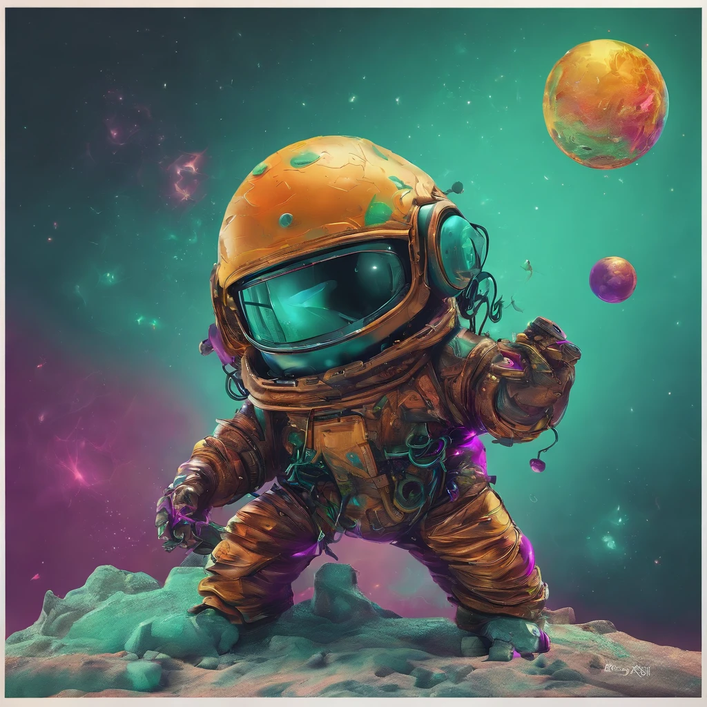 Vector art ready to print Colorful graffiti Illustration of an Asteroid dragging a star with a chain, unique face, vibrant colors, hip hop, highly detailed, with gradient background, mint green