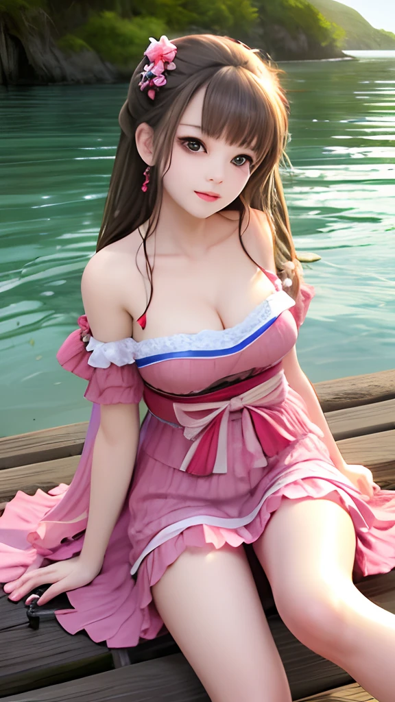 Adorable, 14years , Ruffled Summer Dresses, japanaese girl, cleavage, Beach, Low contrast, (Smile:0.7), Forehead, hair scrunchie, Best Quality, 超A high resolution, photographrealistic, ultra-detailliert, 8K, Raw photo, Perfect Anatomy