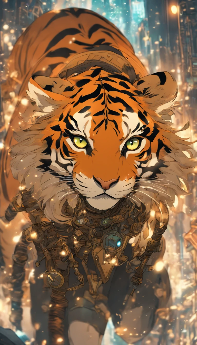 Chinese ink style,Steampunk world,Tiger-shaped steampunk warframe girl,Jet steam is suspended in the city air,Ink animation art,Ink comic art,water ink,ink,Smudge,8K,Delicately portrayed,Works of masters