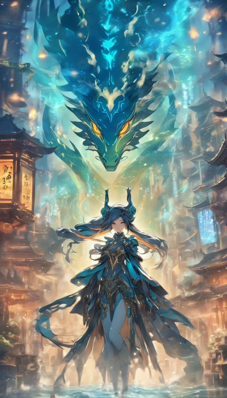 Chinese ink style,Steampunk world,Steampunk warframe girl in dragon shape,Jet steam is suspended in the city air,Ink animation art,Ink comic art,water ink,ink,Smudge,8K,Delicately portrayed,Works of masters