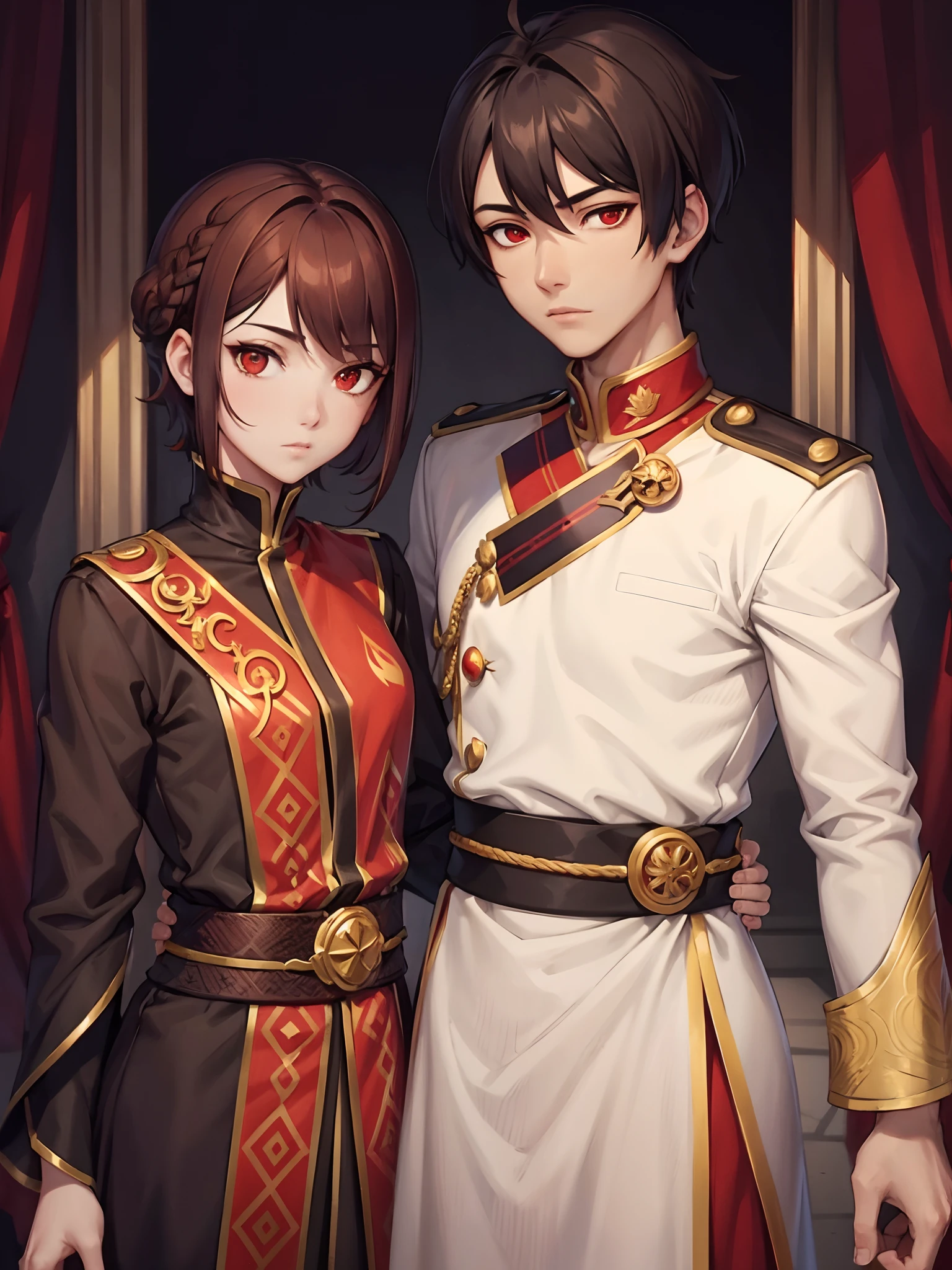 Emperor, male, asymetric clothe design, portrait, brown hair, red eyes, short hair