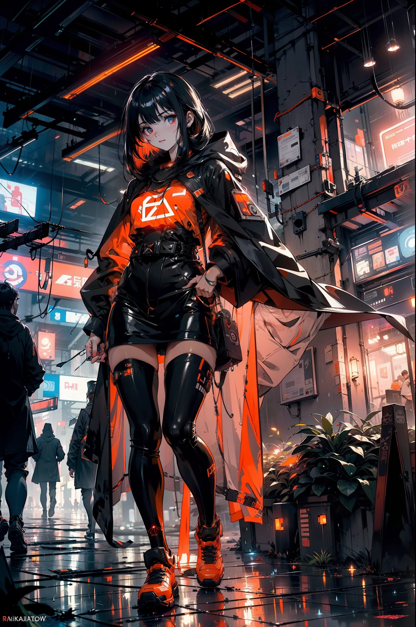 masterpiece, best quality, 1girl, skinny, intricate detail, flame headwear, headphones, brown eyes, feet out of frame, wind, floating hair, flame, gloves, black hoodie with flame print, anime screencap, aura,, shiny, shiny hair, shiny skin, shiny clothes