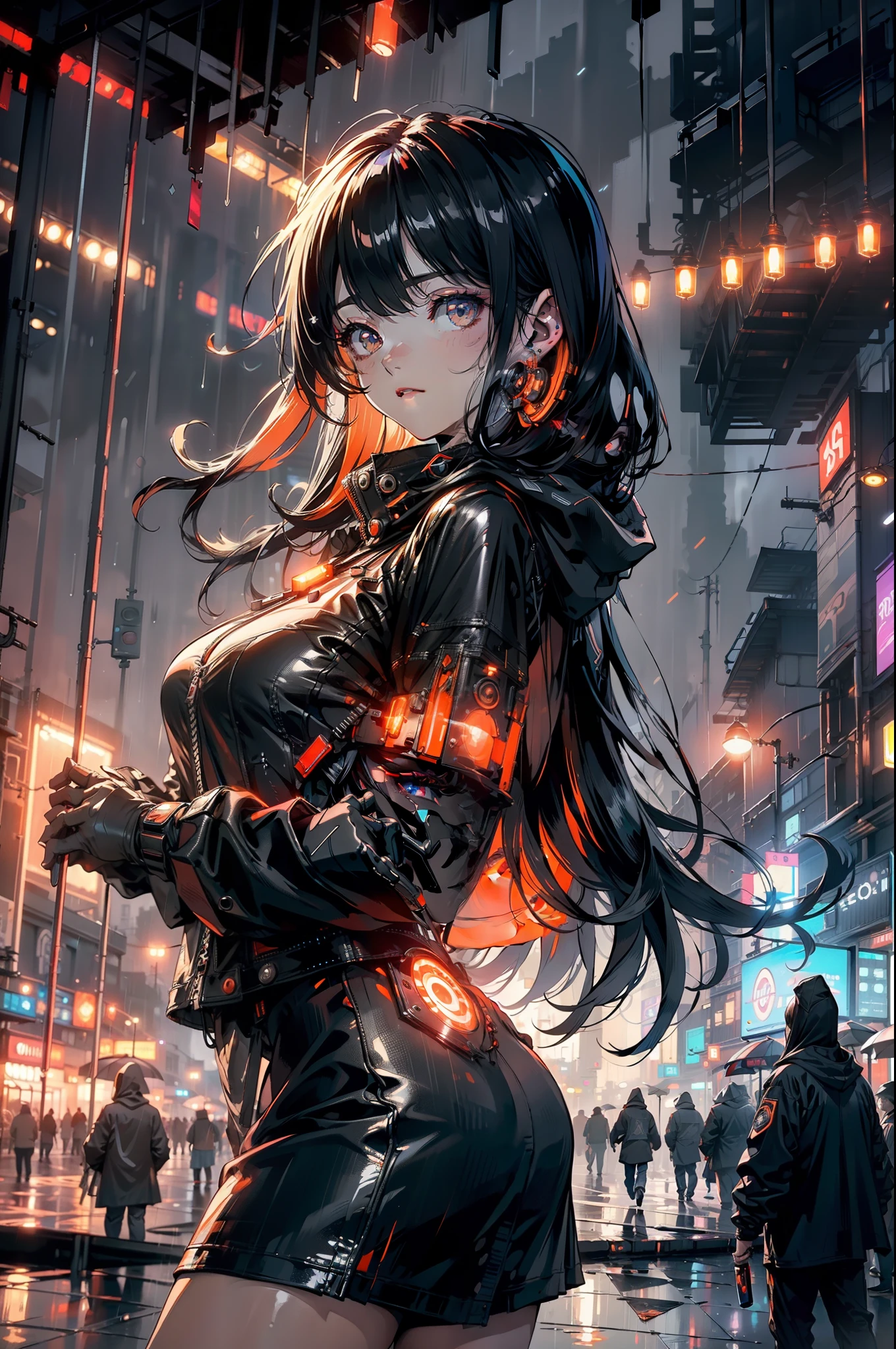 ((1 GIRL)) ((2d anime girl)), ((Japanese)) 18-year-old, ((2d anime girl)), ((dark-haired)), ((windswept hair)) ((ultra high quality)) ((4k UHD)) ((Best Quality)) ((Daytime)) ((yellow glowing eyes)), wearing a black hoodie sweatshirt with the slogan (("Kaiju")) in black letters and (((blood splattered))) on it and her face, standing in the street of a ((ruined city)) filled with ((heavily damaged)) and dilapidated (( tall skyscrapers on fire)) and ((crushed vehicles on fire)) and small fires all around and an ((angry)) ((Intimidating)) expression, standing on a giant monstrous footprint in the ground.