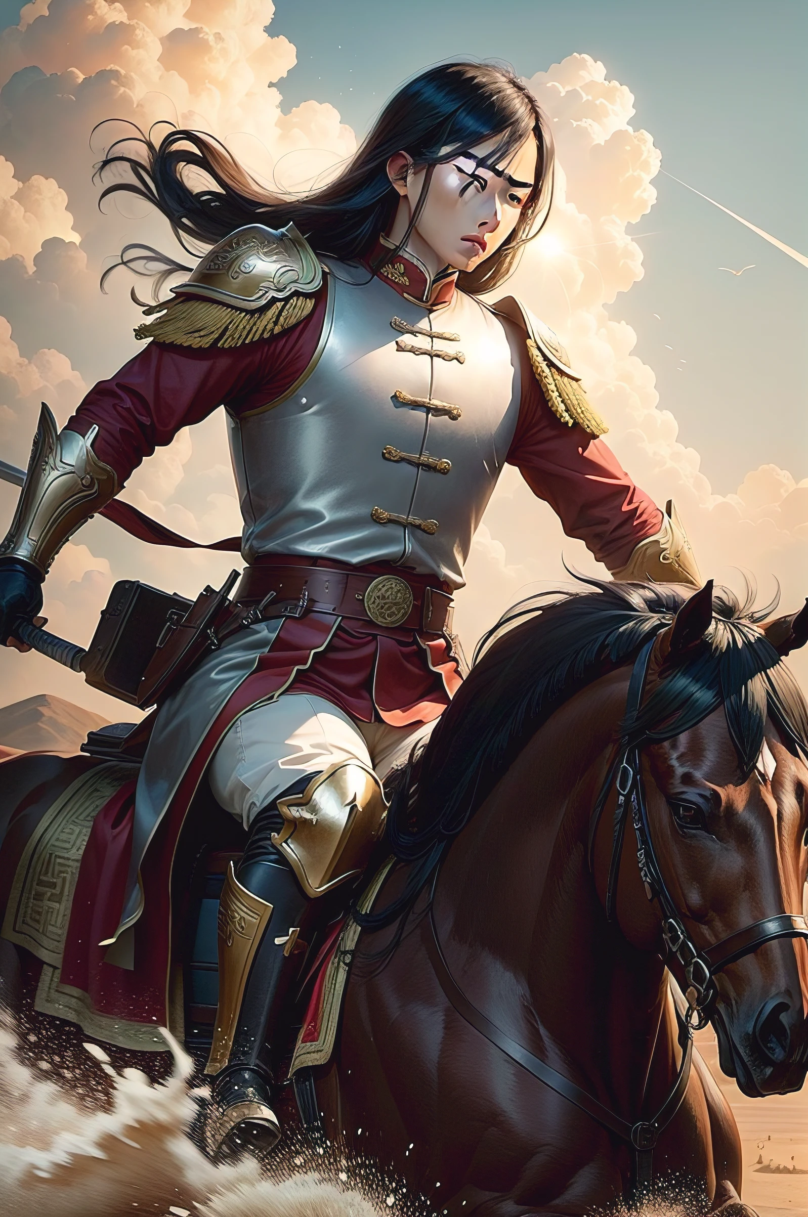 Chinese general riding a horse chinese armor battle field Sunnyday lots of soldiers The sword