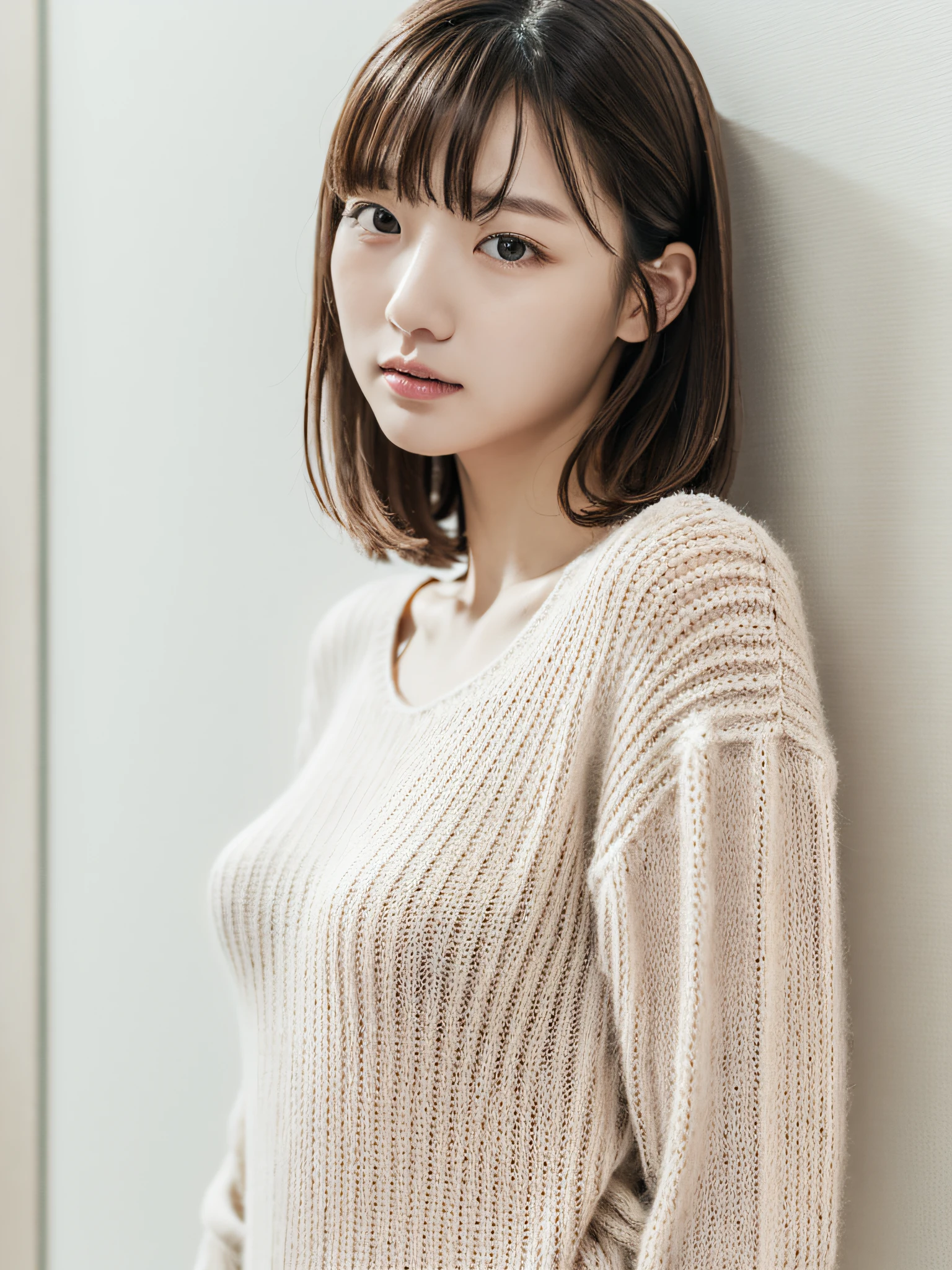 Nikon RAW photo,8 k,Fujifilm XT3,masterpiece, best quality, realistic, photorealistic,ultra detailed,1girl,solo,
close up portrait,
standing by the window in a soft gray cashmere sweater
saika1, <lora:saika___v3:1>
