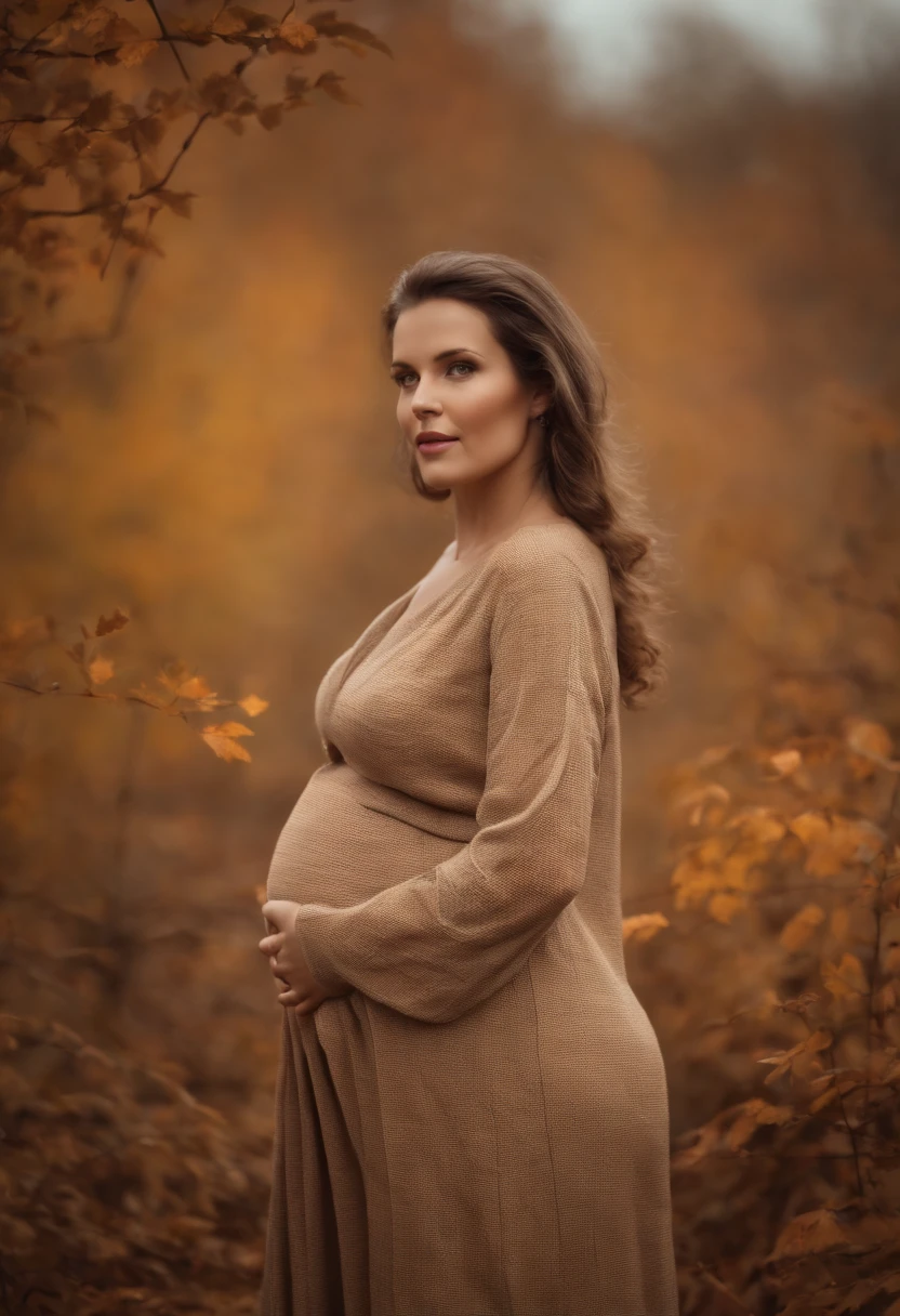 pregnant woman, autumn,in the style of dark beige and beige, grid-based, highly textured, soft, photo taken with provia, folk/naïve