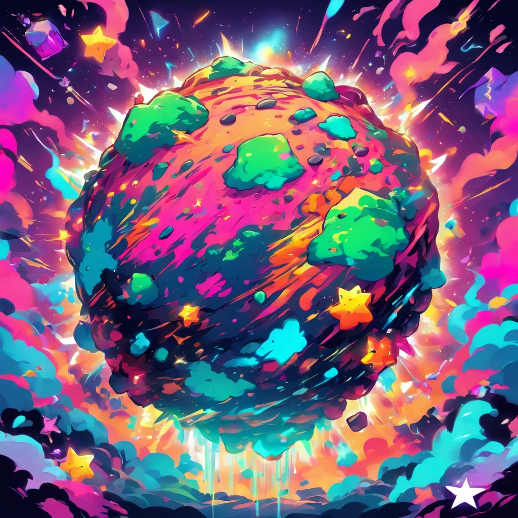 Ready-to-print vector art Colorful graffiti Illustration of an asteroid dragging a star with a chain, unique face, colores vibrantes, Hip Hop, Altamente detallado, con fondo degradado, verde menta, Estilo abstracto.