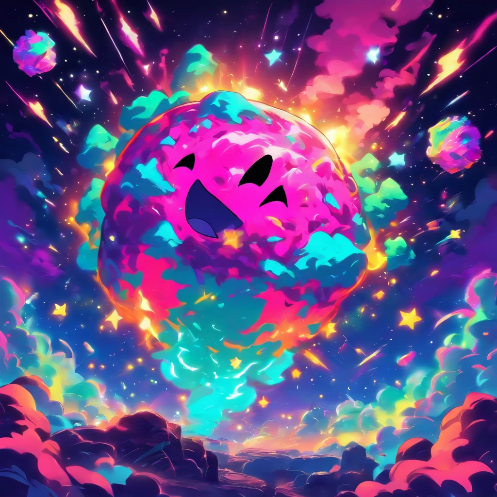 Ready-to-print vector art Colorful graffiti Illustration of an asteroid dragging a star with a chain, unique face, colores vibrantes, Hip Hop, Altamente detallado, con fondo degradado, verde menta, Estilo abstracto.