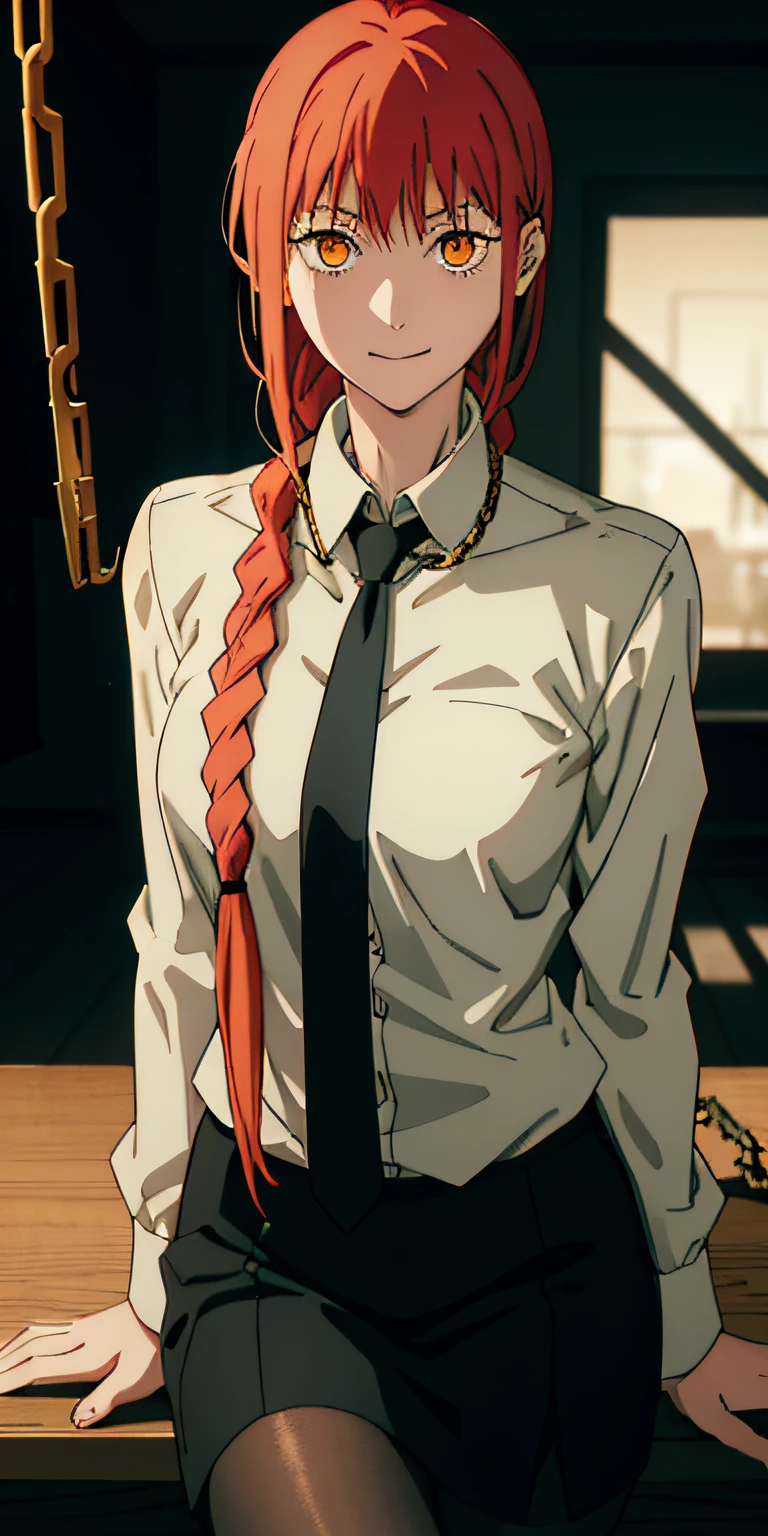 makima \(chainsaw man\), best quality, ultra detailed, 1girl, solo, standing, red hair, long braided hair, golden eyes, bangs, medium breasts, white shirt, necktie, stare, smile, (evil:1.2), looking at viewer, (interview:1.3), (dark background, chains:1.3), sitting, pantyhose, ((1girl)), bottomless, beautiful, masterpiece, best quality, shiny skin, gun hand pose, facing at viewer, makima \(chainsaw man\)