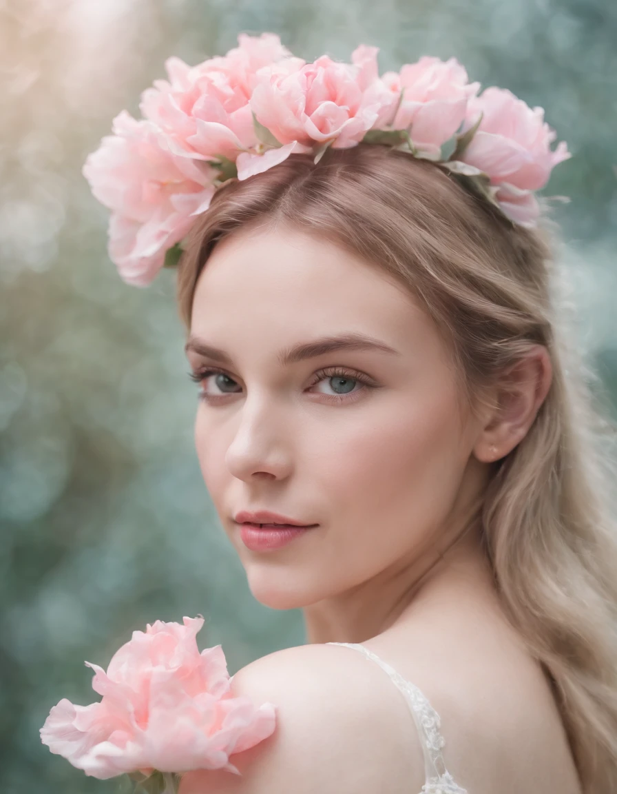 1girl,flower, Lisianthus ,in the style of light pink and light azure, dreamy and romantic compositions, pale pink, ethereal foliage, playful arrangements,fantasy, high contrast, explosions, over exposure, purple and red tone impression , abstract, brush strokes, negative space,