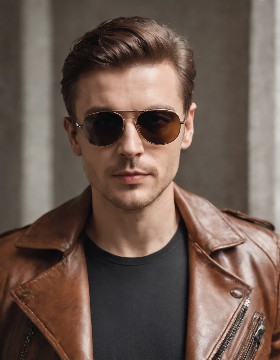 a man wearing a brown leather jacket and sunglasses, in the style of meticulous design, andrzej sykut, uhd image, clockpunk, studio photography, website, exacting precision