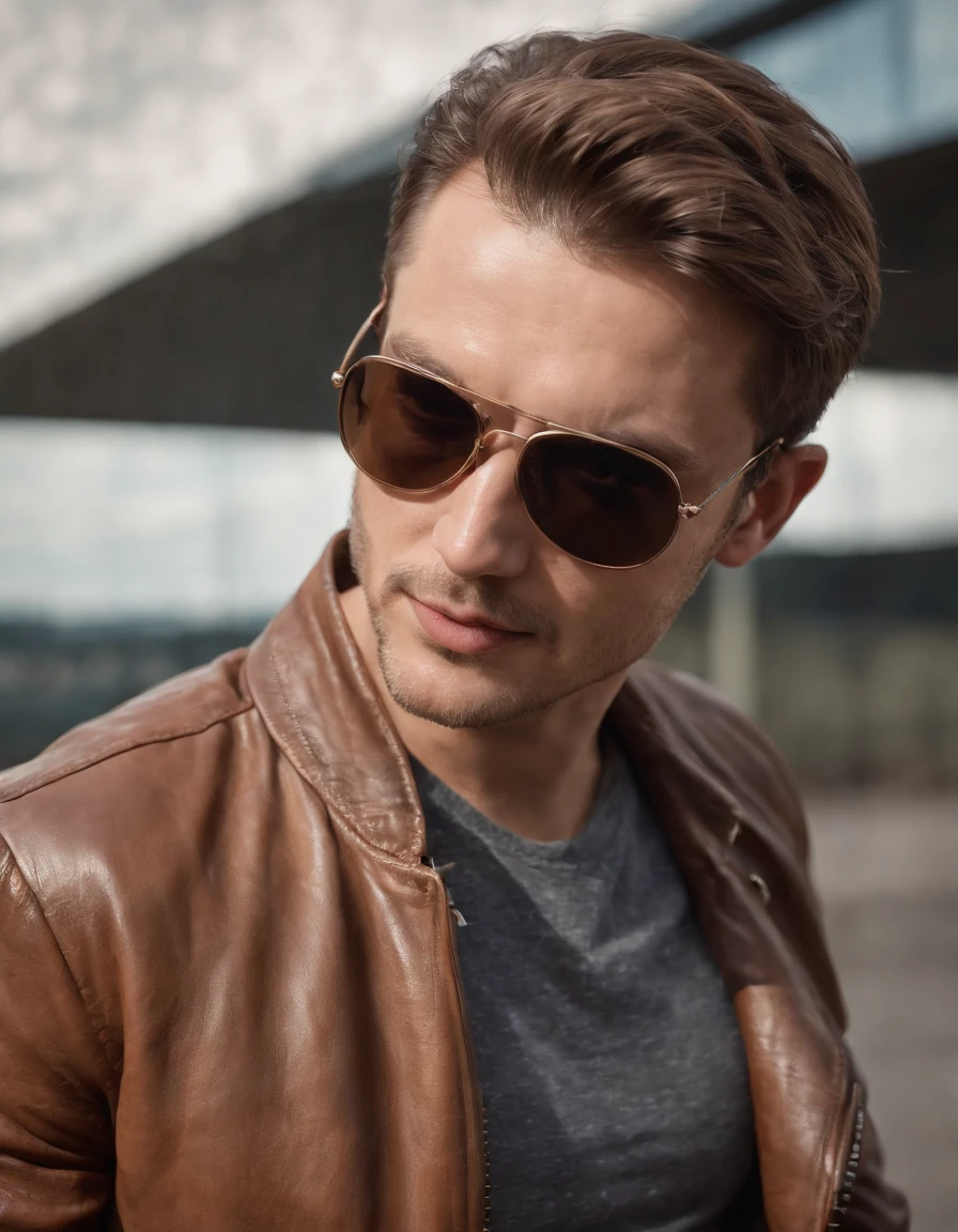 a man wearing a brown leather jacket and sunglasses, in the style of meticulous design, andrzej sykut, uhd image, clockpunk, studio photography, website, exacting precision