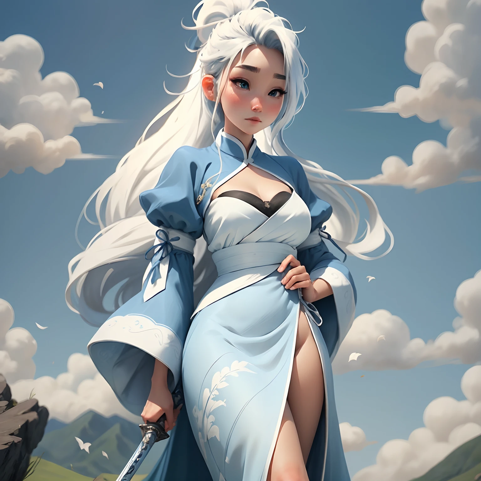 Young girls,Exquisite blue and white Hanfu, Holding a long sword in his hand,Calm face, Perfect detail for the eye,Clear appearance, bun hairstyle, Light-colored hair,High ponytail,long whitr hair, Stand on a high mountain,Green mountains and white clouds background,Open scenery,Chinese style, closeup cleavage,Best quality at best,4k画质,Ultra-high sharpness,k hd,8K,